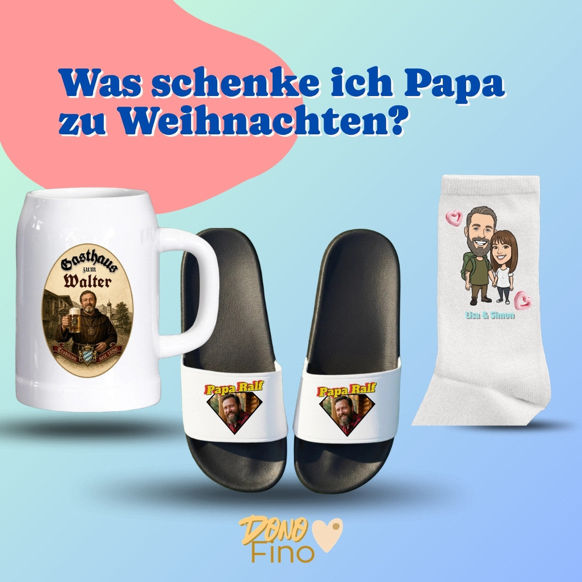 Was schenke ich Papa zu Weihnachten? Bierkrug im Gasthaus Design, Super-Papa-Badelatschen und Comic-Socken