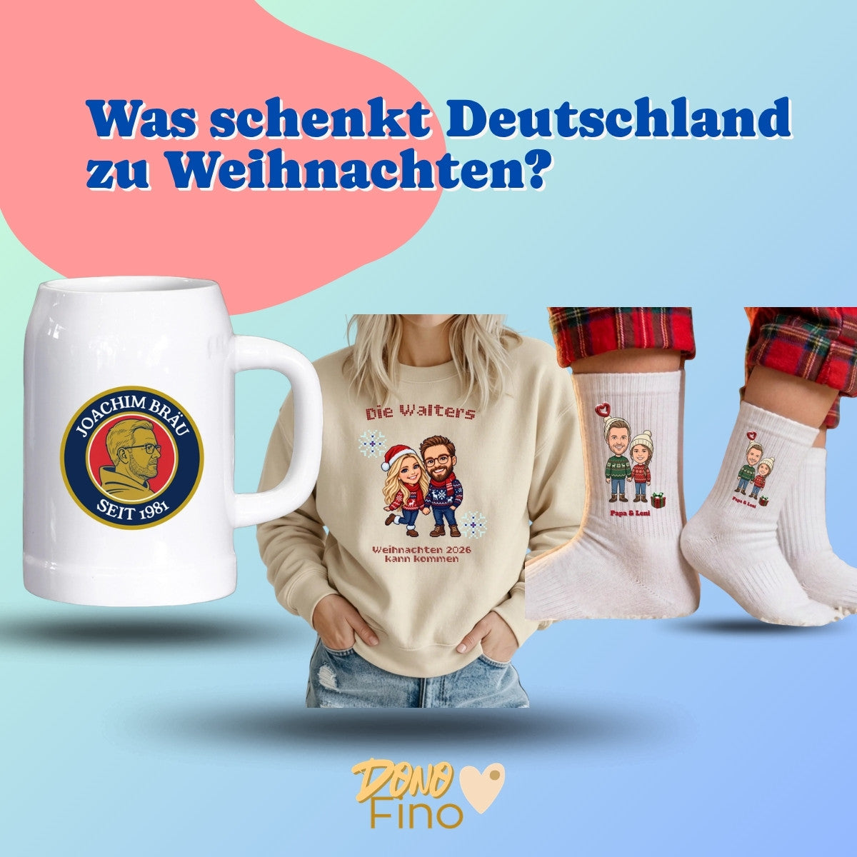 Was schenkt Deutschland zu Weihnachten? Brauerei-Bierkrug, Familien-Weihnachtspullover und Weihnachtssocken mit Foto