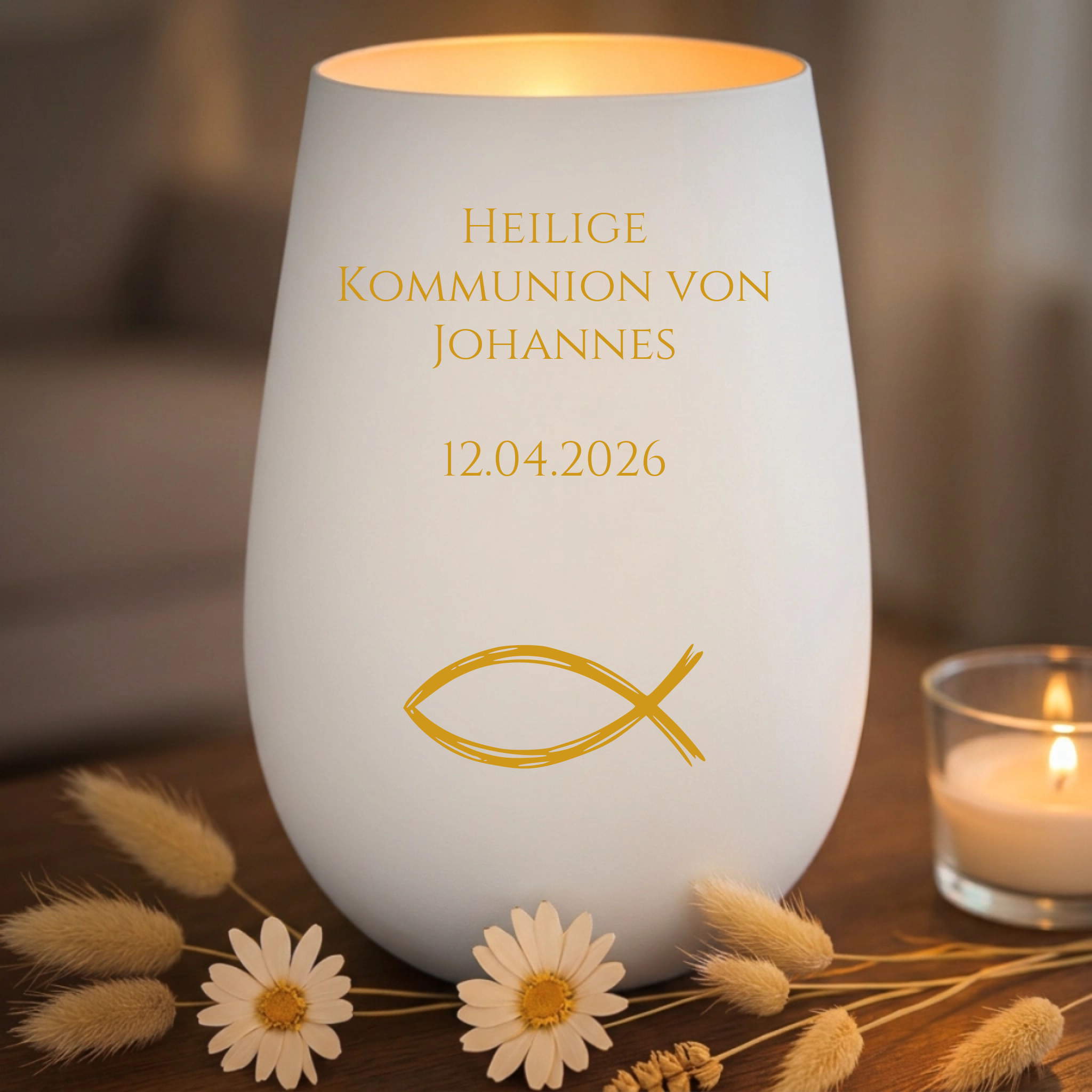 Kommunion Windlicht personalisiert mit Namen & Symbol