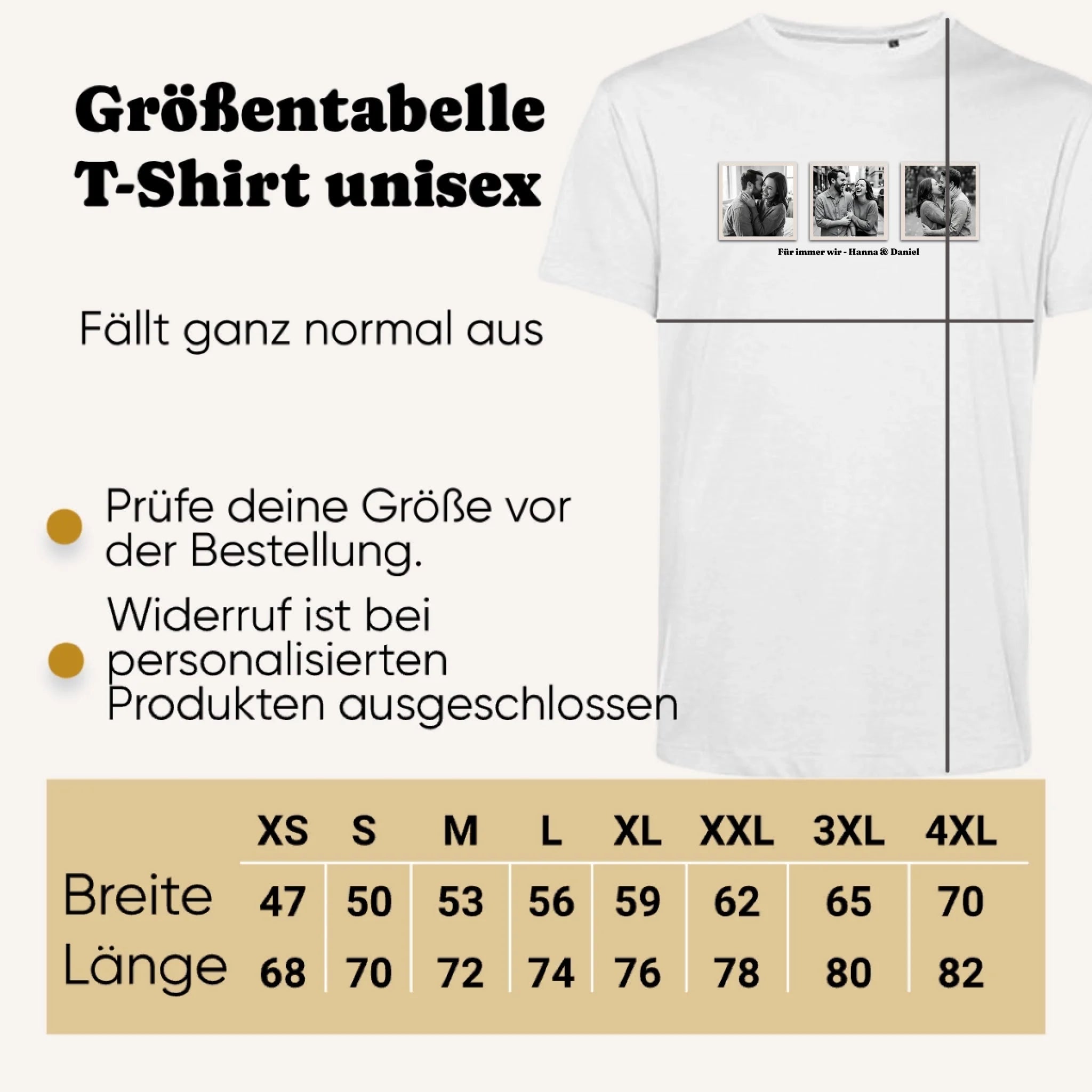Personalisiertes T-shirt unisex - Größentabelle