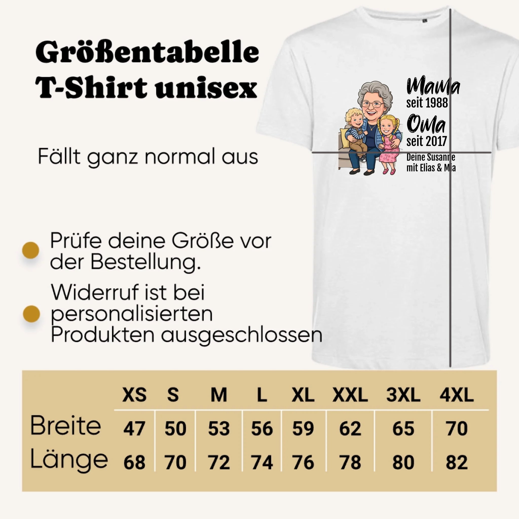 Personalisiertes T-shirt unisex - Größentabelle