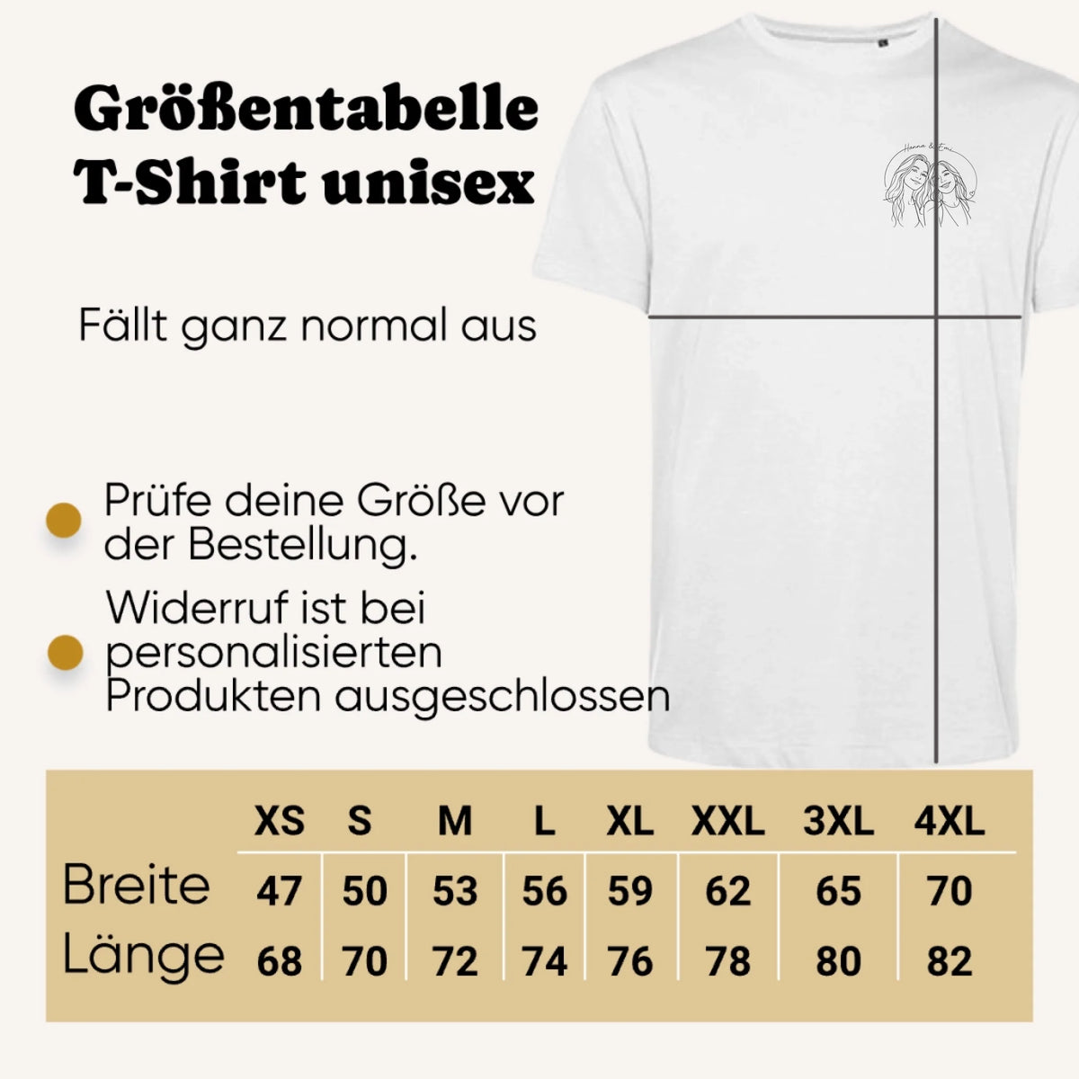 Personalisiertes T-shirt unisex - Größentabelle