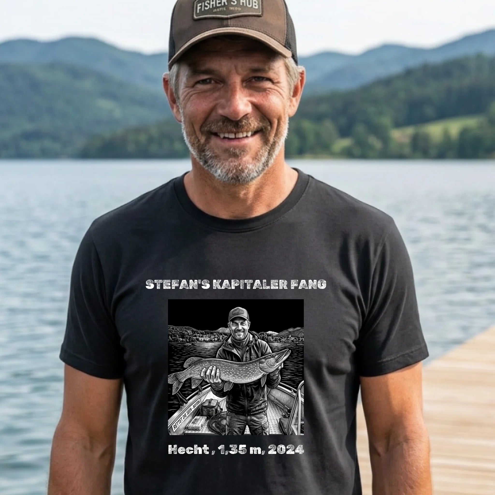 Angeln T-Shirt personalisiert mit Foto vom Fang schwarz