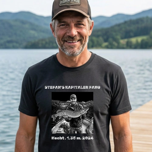 Angeln T-Shirt personalisiert mit Foto vom Fang schwarz