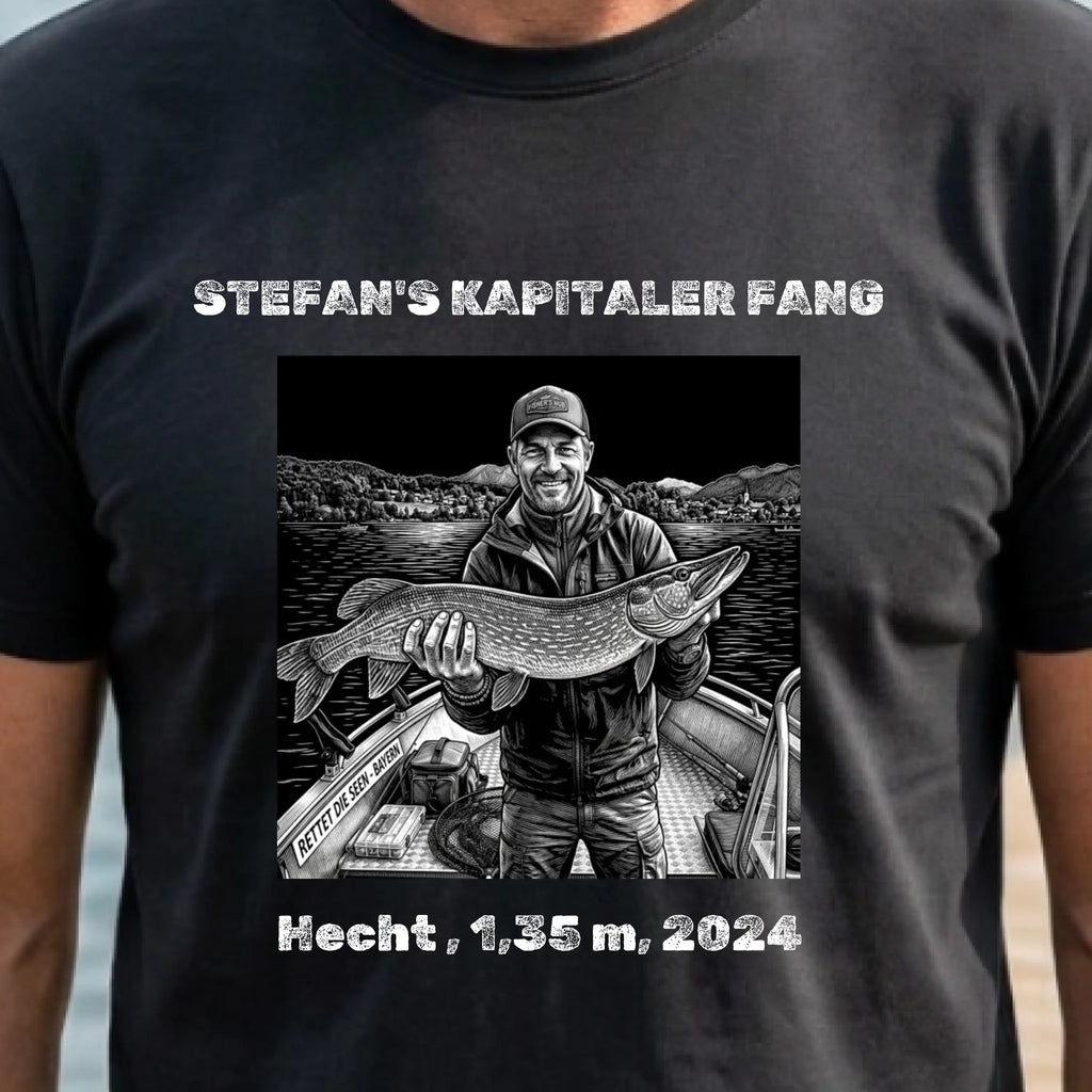 Angeln T-Shirt personalisiert mit Foto vom Fang schwarz nah