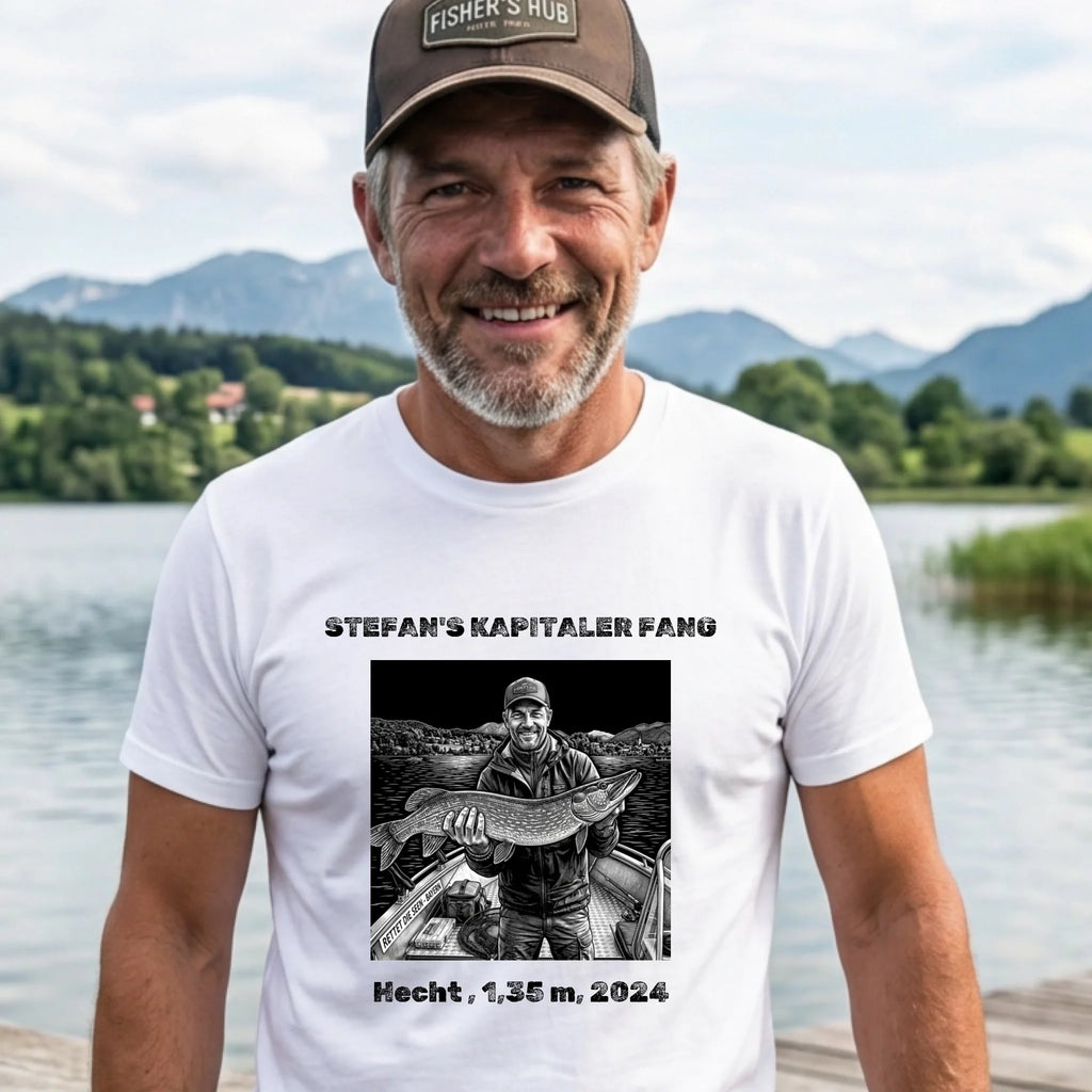 Angeln T-Shirt personalisiert mit Foto vom Fang weiss
