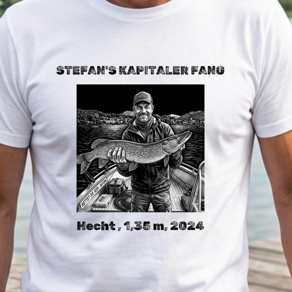 Angeln T-Shirt personalisiert mit Foto vom Fang weiss nah
