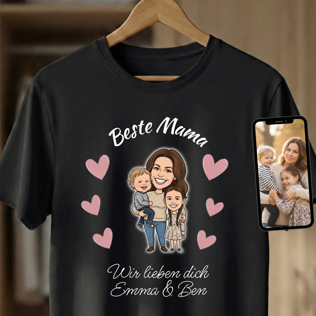 Beste Mama T-Shirt personalisiert mit Foto im Comic Stil Nah Black