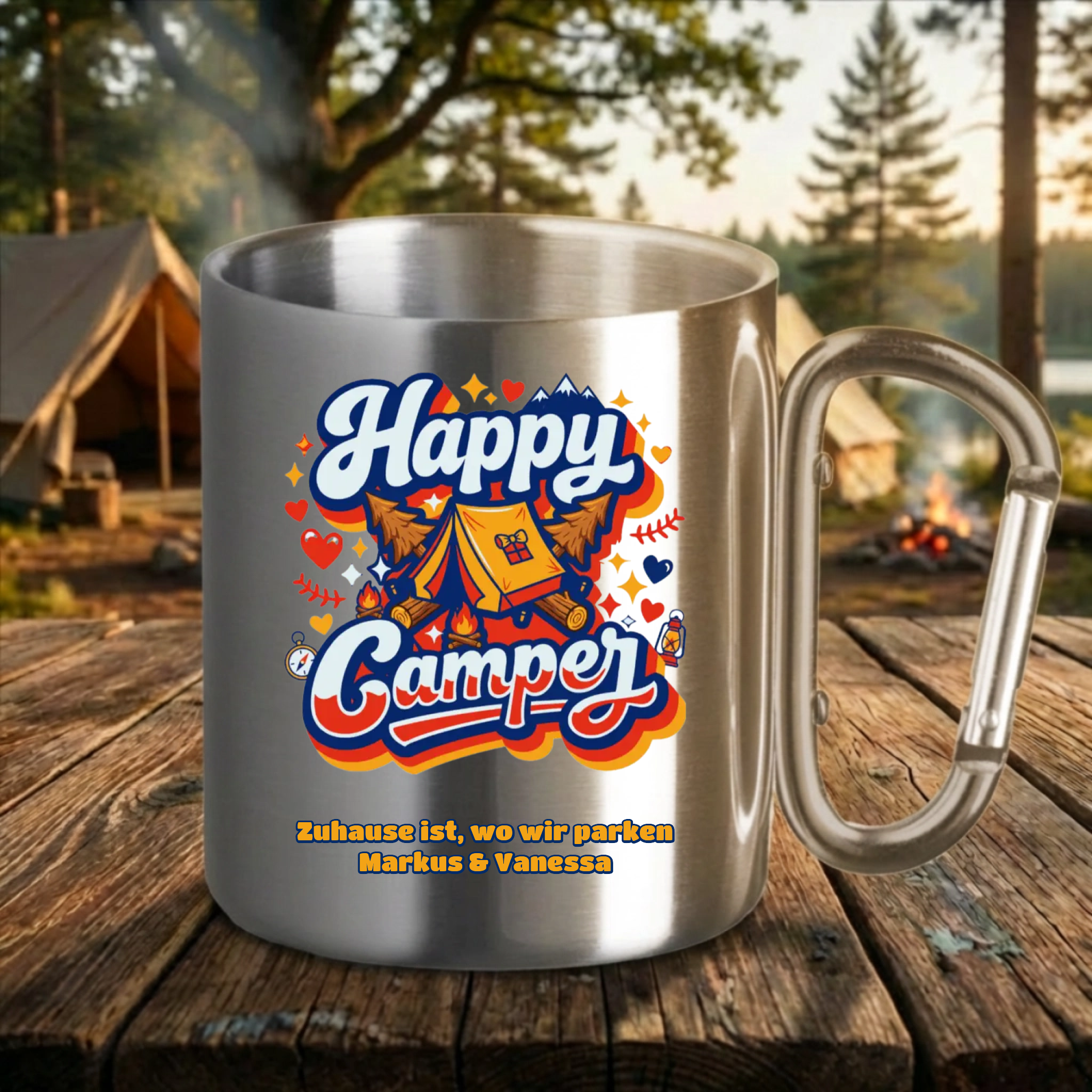 Camping Tasse personalisiert mit Karabinergriff