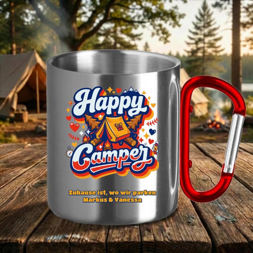 Camping Tasse personalisiert mit Karabinergriff