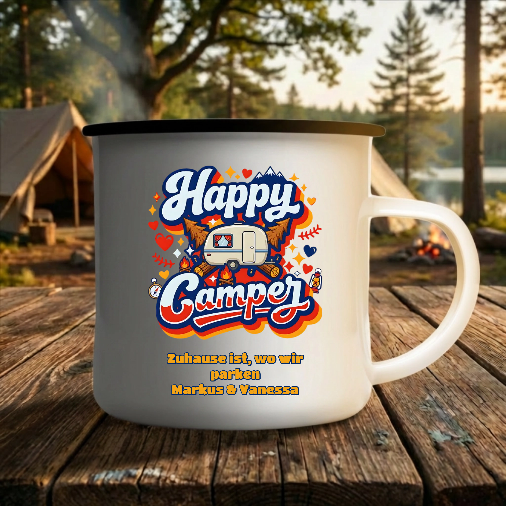Camping Tasse Emaille personalisiert mit Foto im Comic Stil Schwarzer Rand