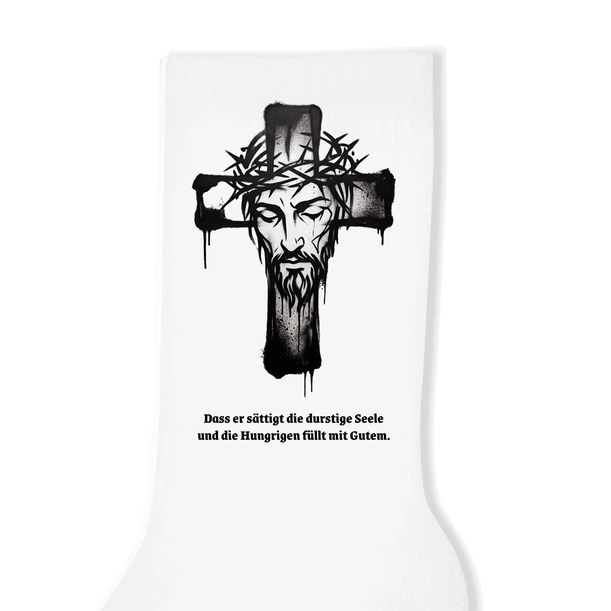 Christliche Socken mit Kreuz und Text Nah