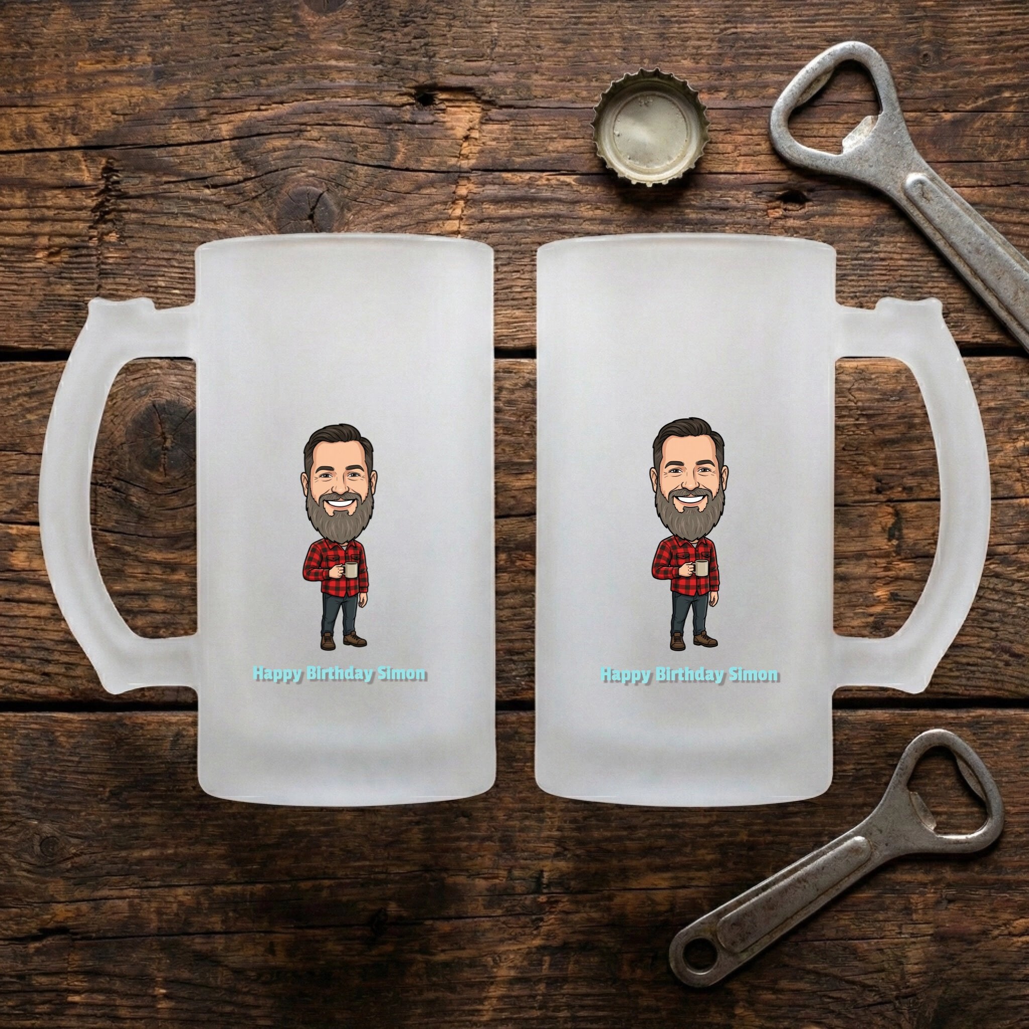 Comic Bierkrug mit eigenem Foto personalisiert Front Back