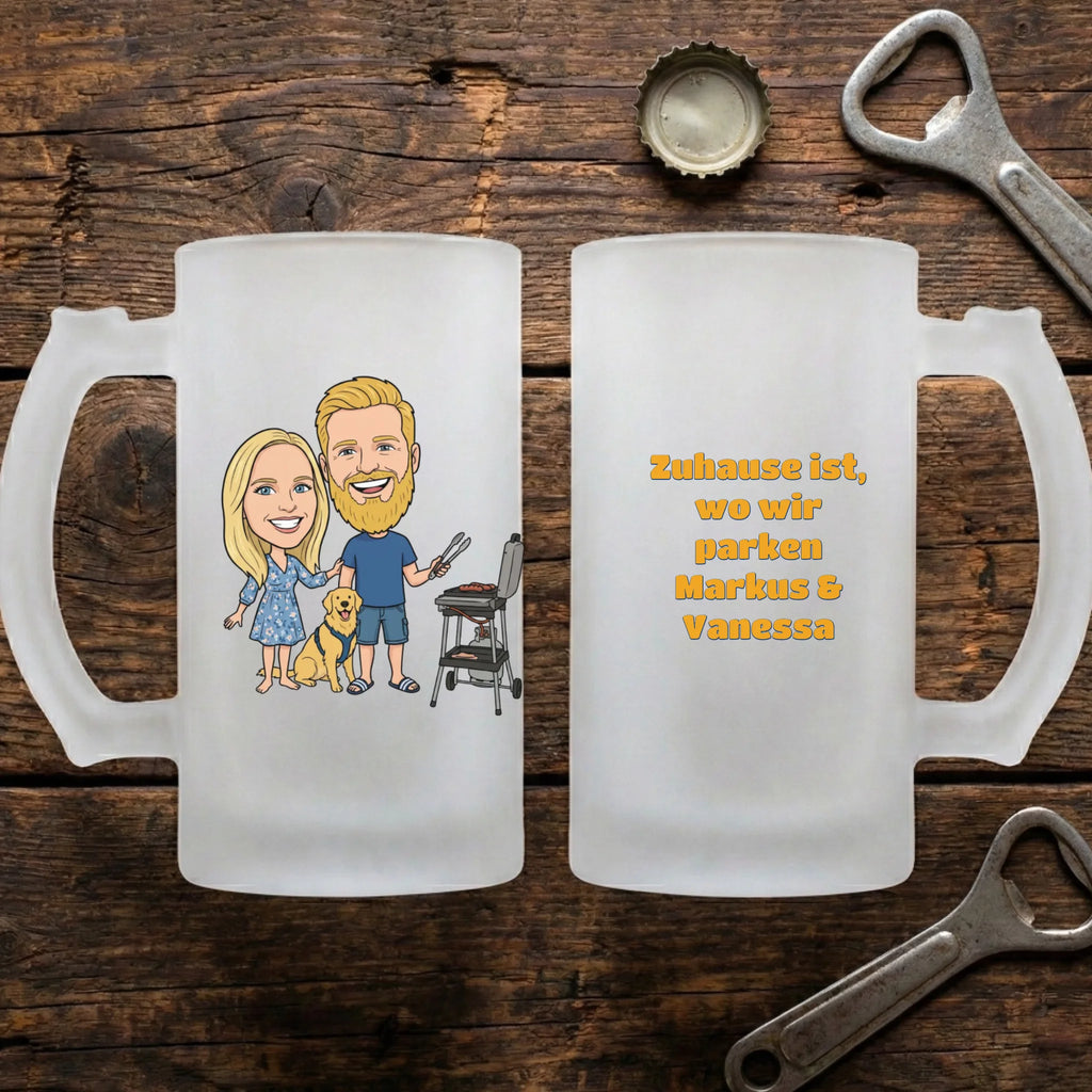 Comic Camping Bierkrug mit Foto personalisiert
