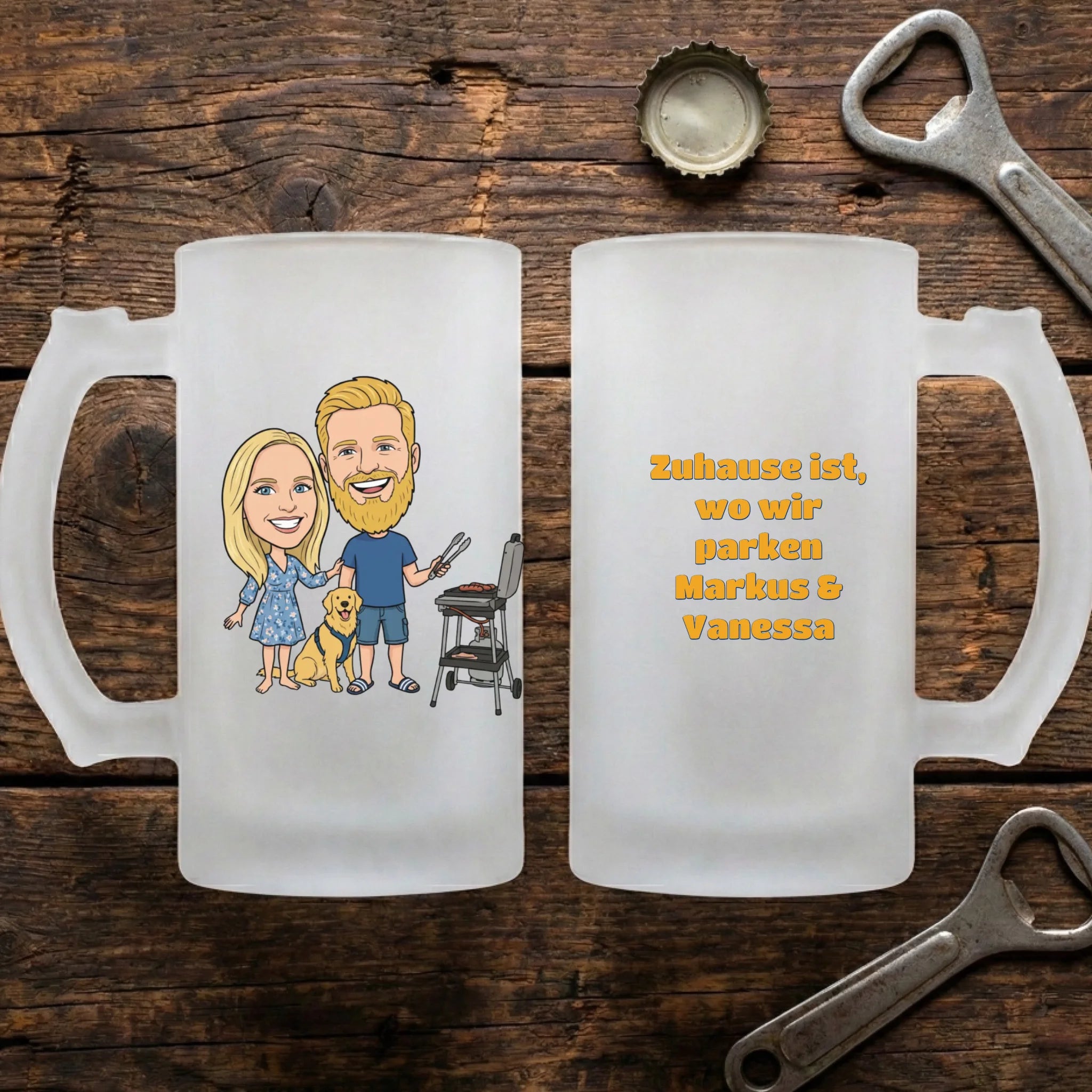 Comic Camping Bierkrug mit Foto personalisiert