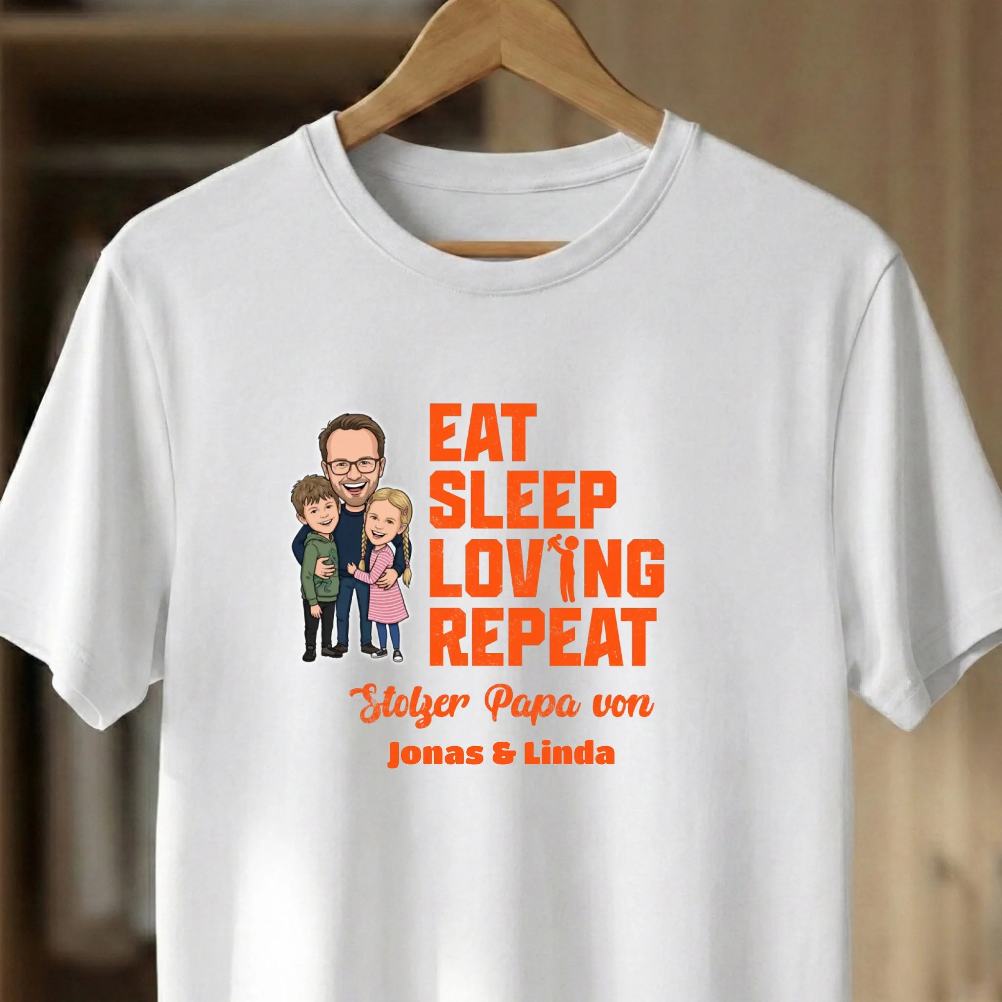 Eat Sleep Repeat Papa T-Shirt mit Comic Foto Upload personalisiert nah white