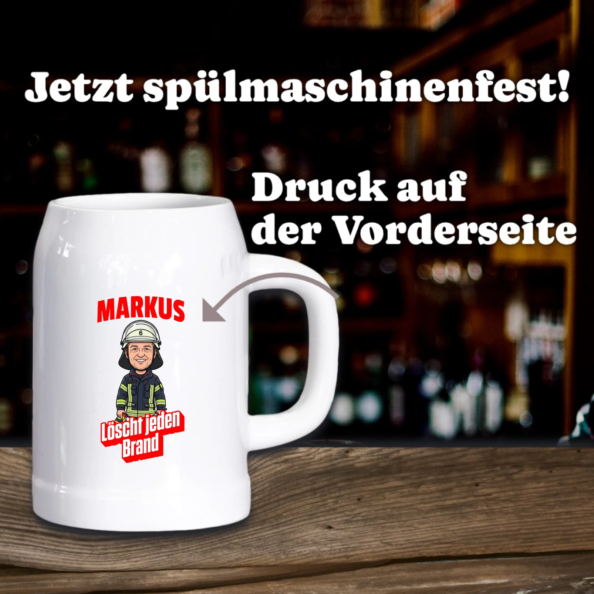 Feuerwehr Bierkrug mit Foto und Name personalisiert Spülmaschinenfest