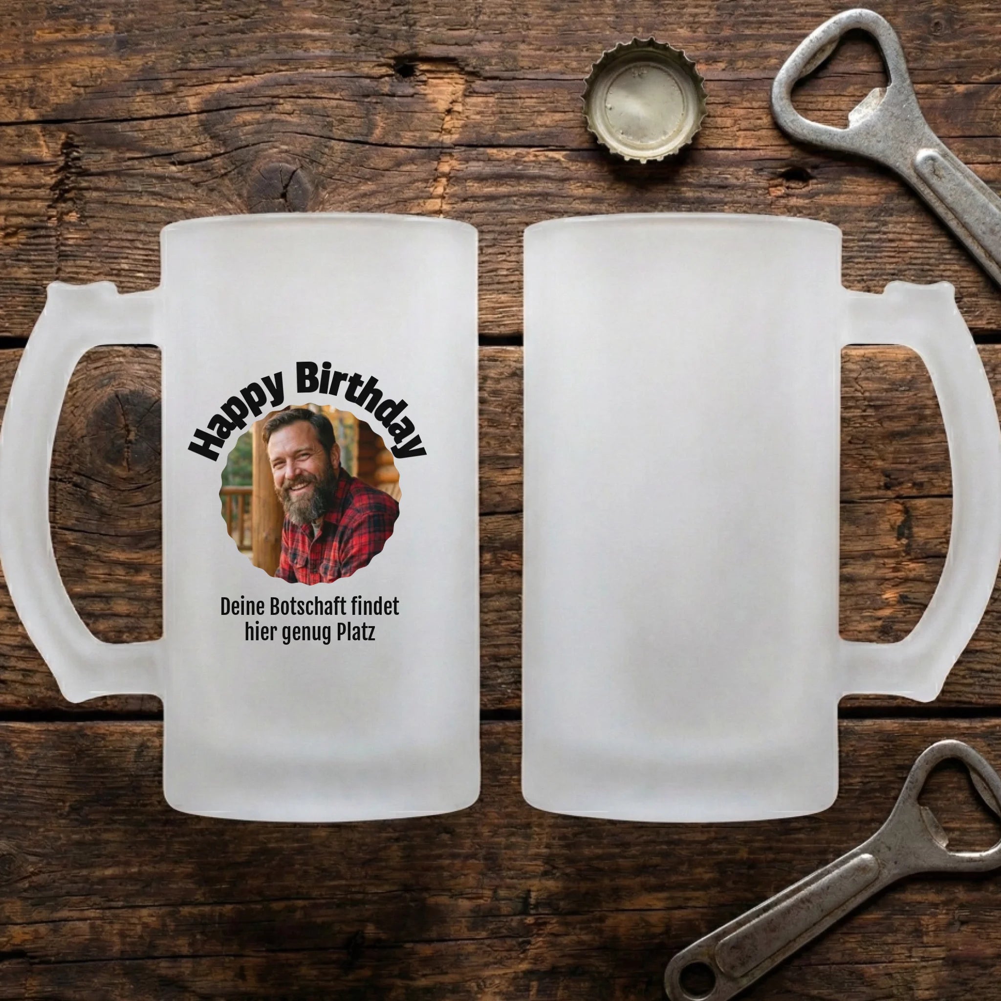 Foto Glas Bierkrug Satiniert mit Text personalisiert - Happy Birthday