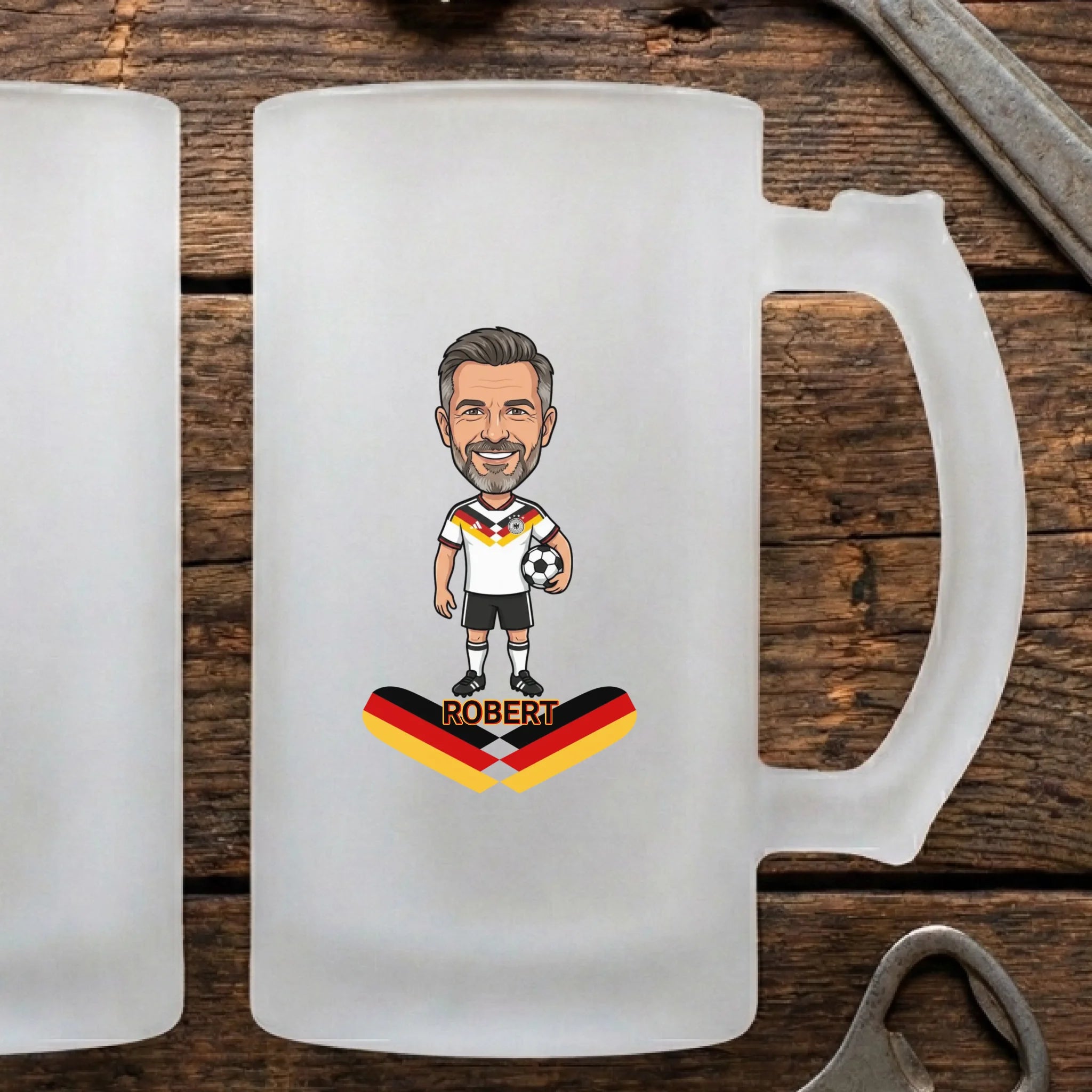 Fußball Bierkrug Stein mit Namen und Text personalisiert Satiniert