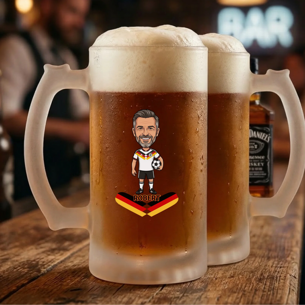 Fußball Bierkrug Stein mit Namen und Text personalisiert Satiniert