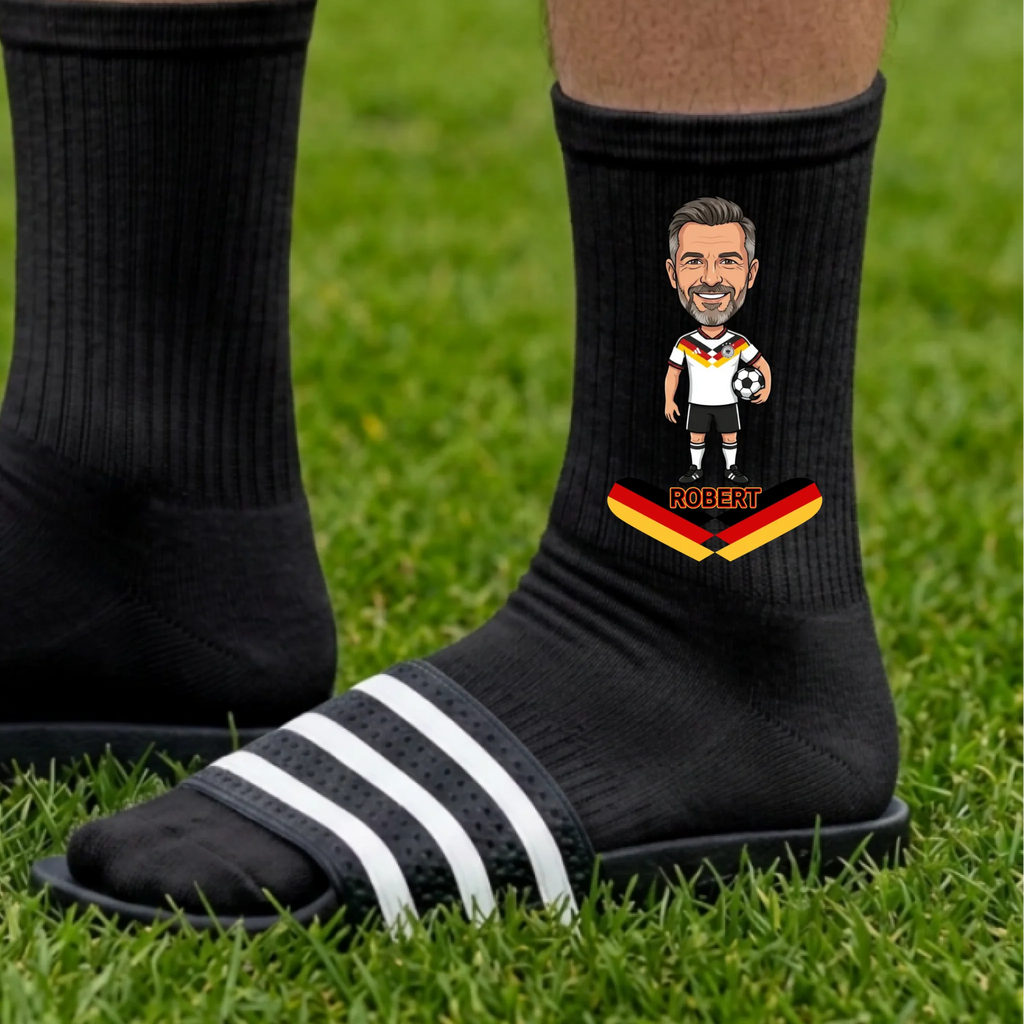 Fußball Socken mit Comic Foto personalisiert schwarz