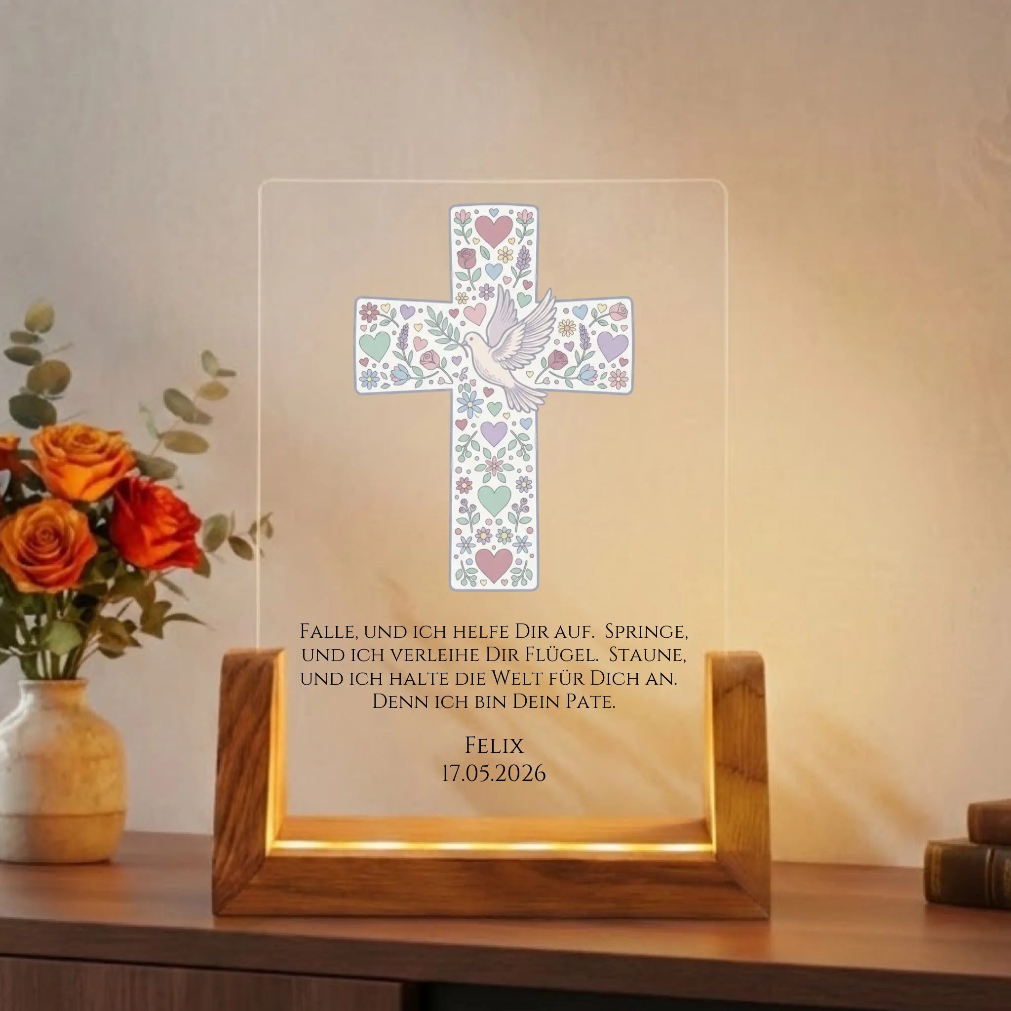 Geschenk zur Taufe - Lampe mit Kreuz personalisiert