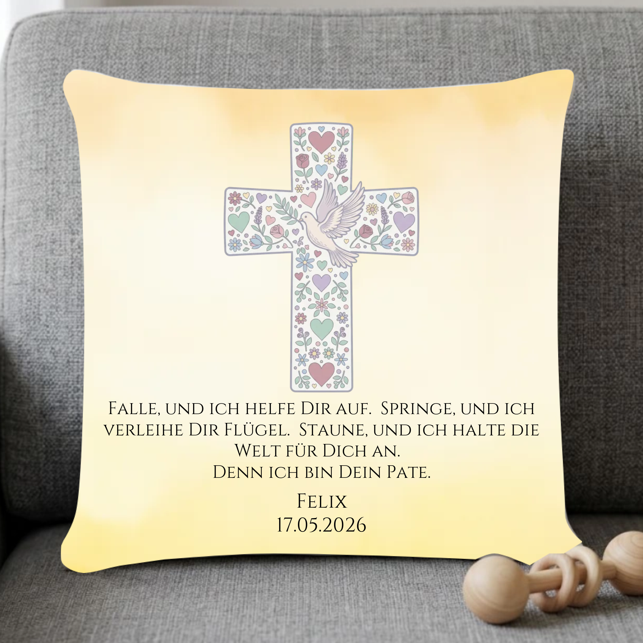 Geschenk zur Taufe - personalisiertes Kissen mit Psalm gelb