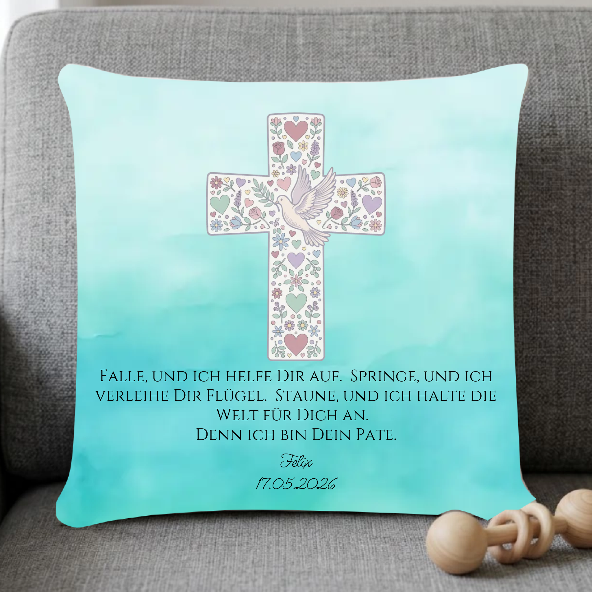 Geschenk zur Taufe - personalisiertes Kissen mit Psalm grün