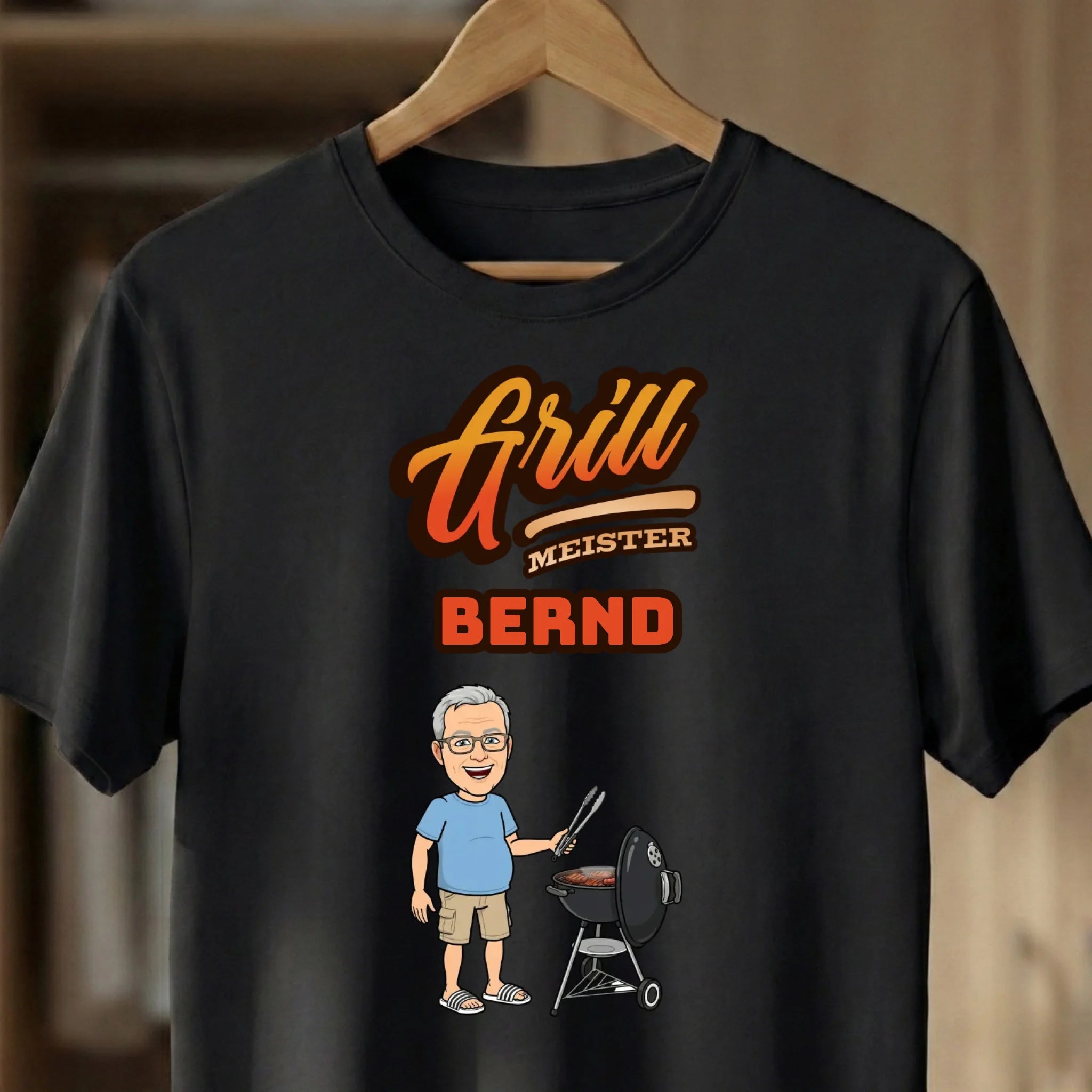 Grill T-Shirt personalisiert mit Namen und Bild im Comic Stil Big Head Black