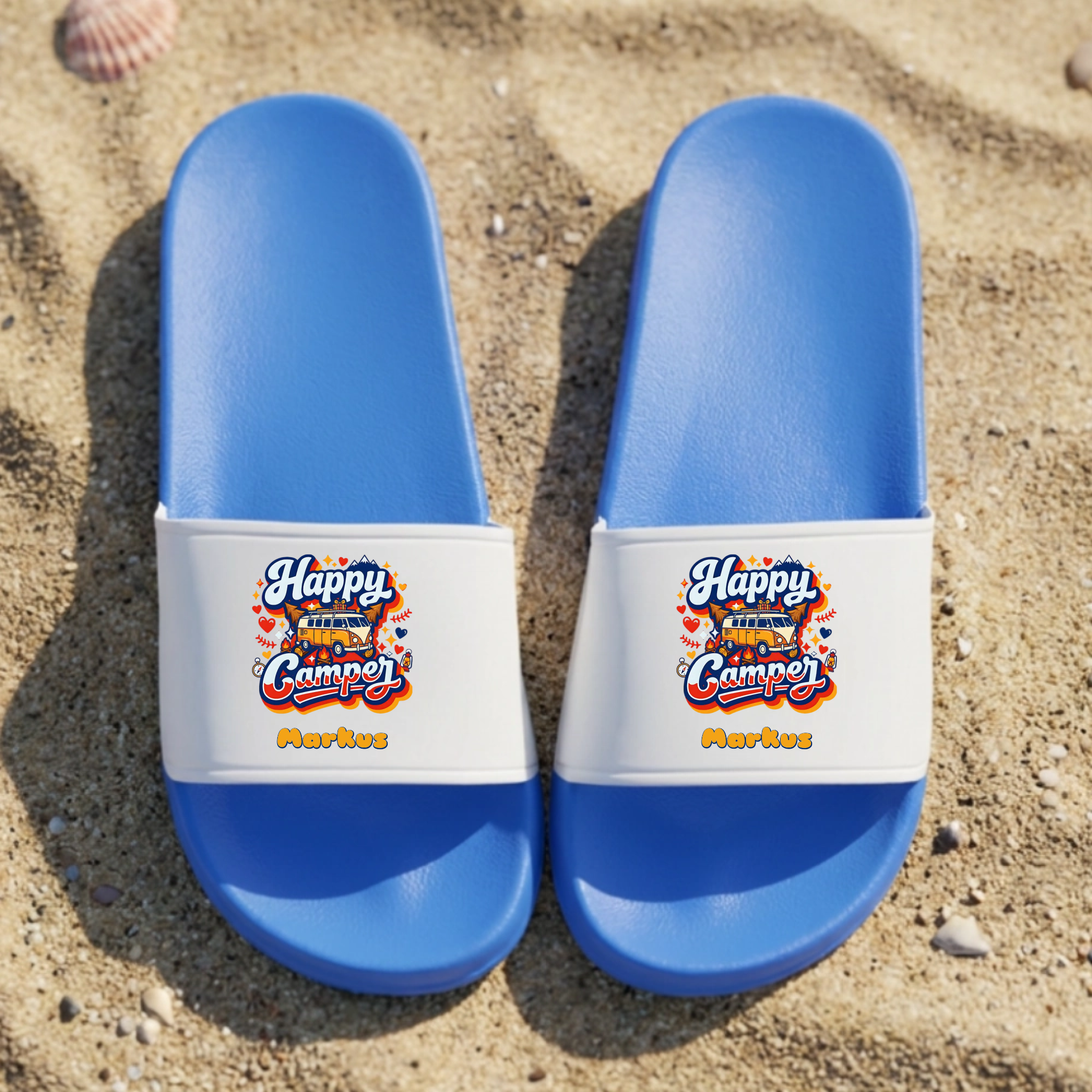 Happy Camper Badelatschen personalisiert Blau