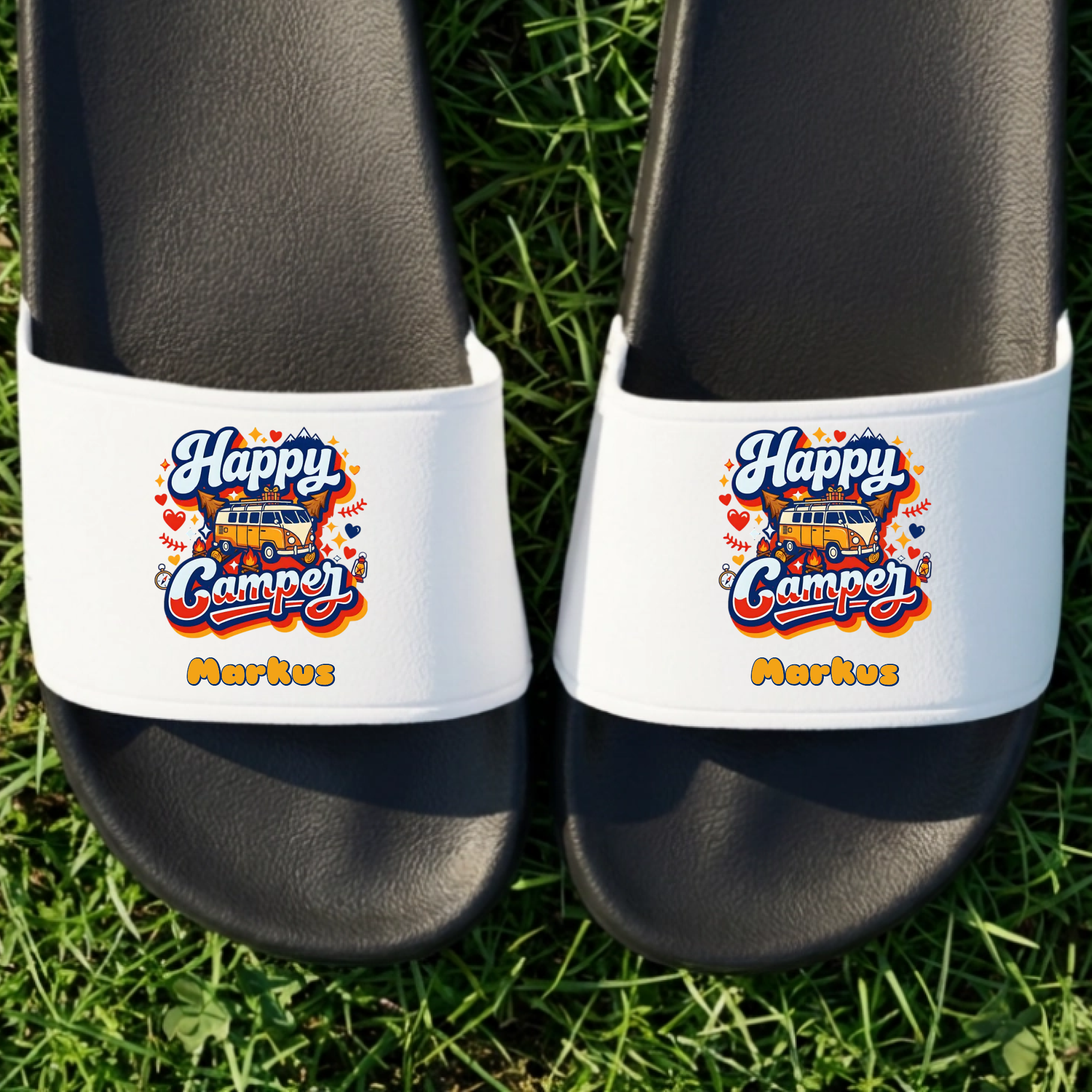 Happy Camper Badelatschen personalisiert Schwarz