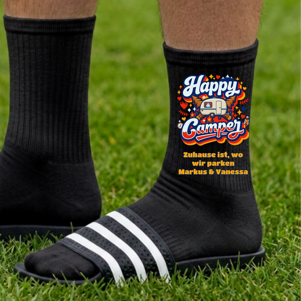 Happy Camper Socken personalisiert - Camping Schwarz