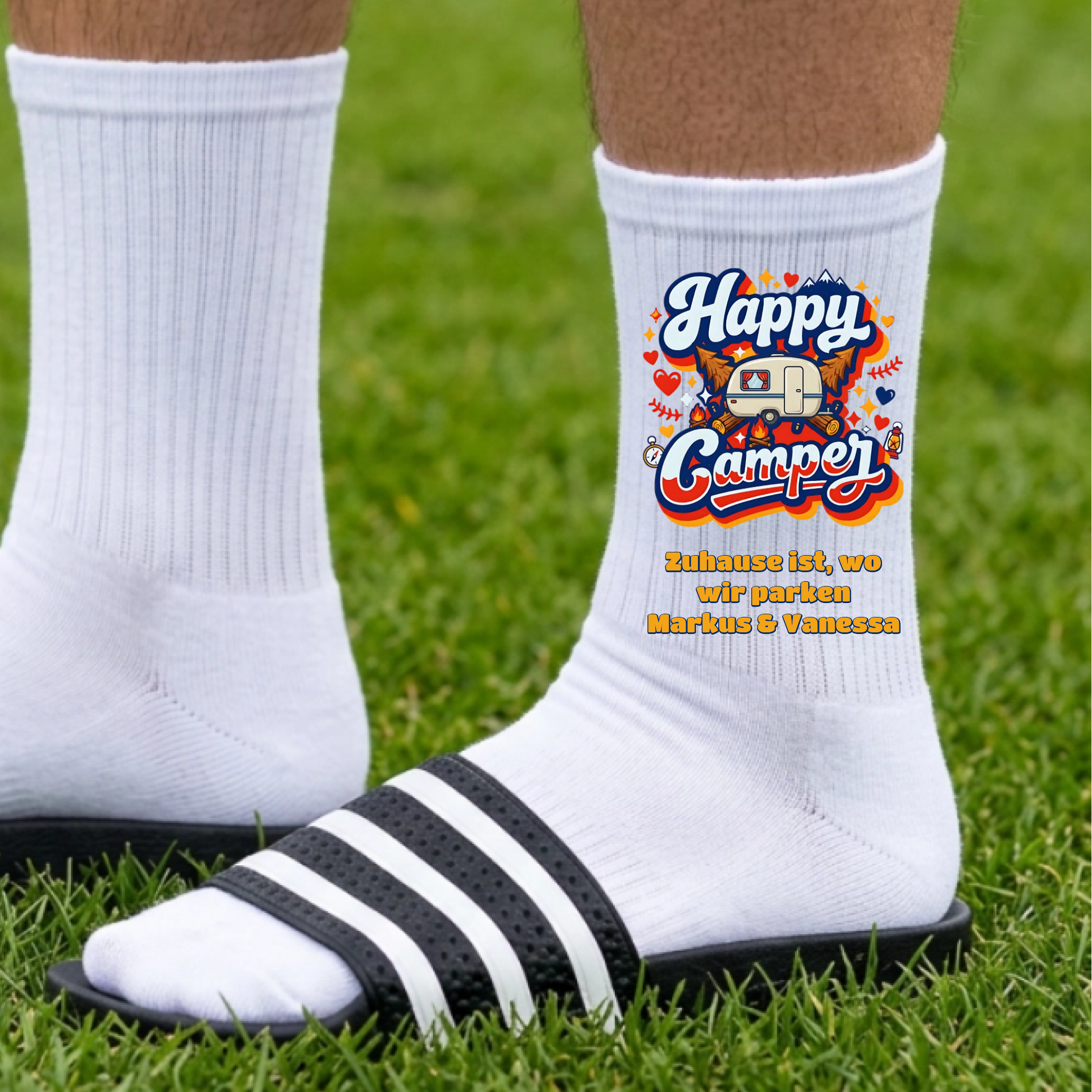 Happy Camper Socken personalisiert - Camping Weiss