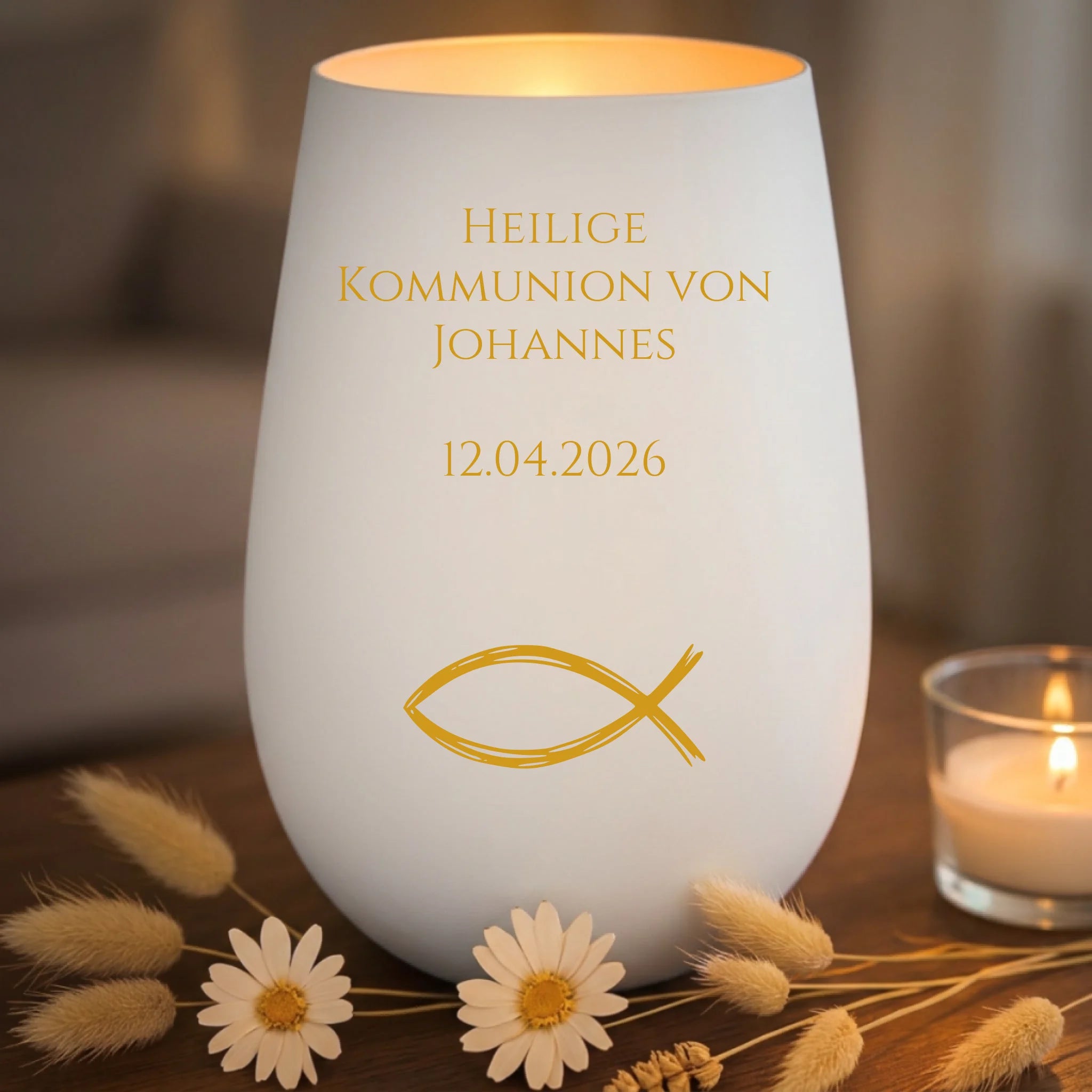 Kommunion Windlicht personalisiert mit Namen & Symbol Weiss