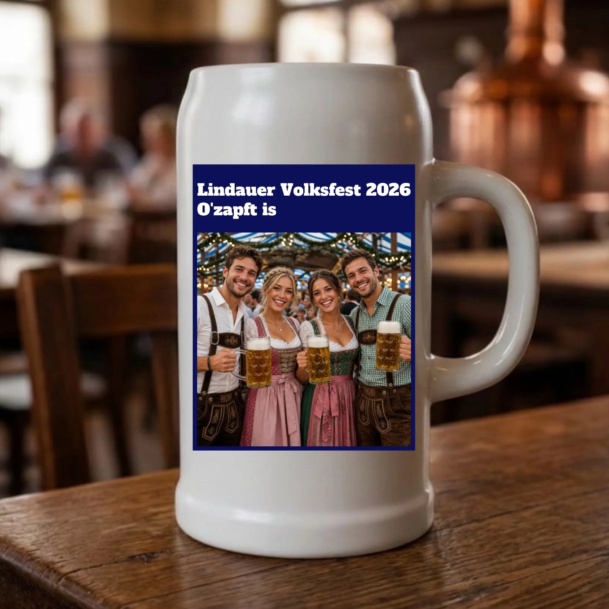 Maßkrug personalisiert mit Foto und Titel im Volksfest Design – Geschenk zum Volksfest