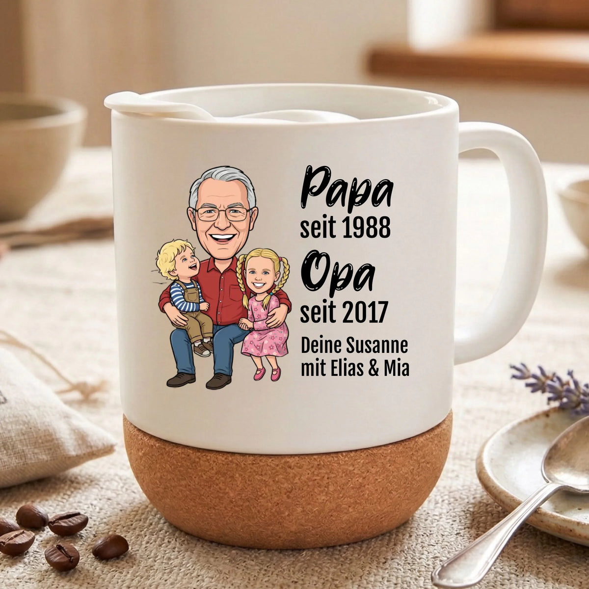 Opa seit Tasse personalisiert mit Foto im Comic Stil Big Head - Kork Boden