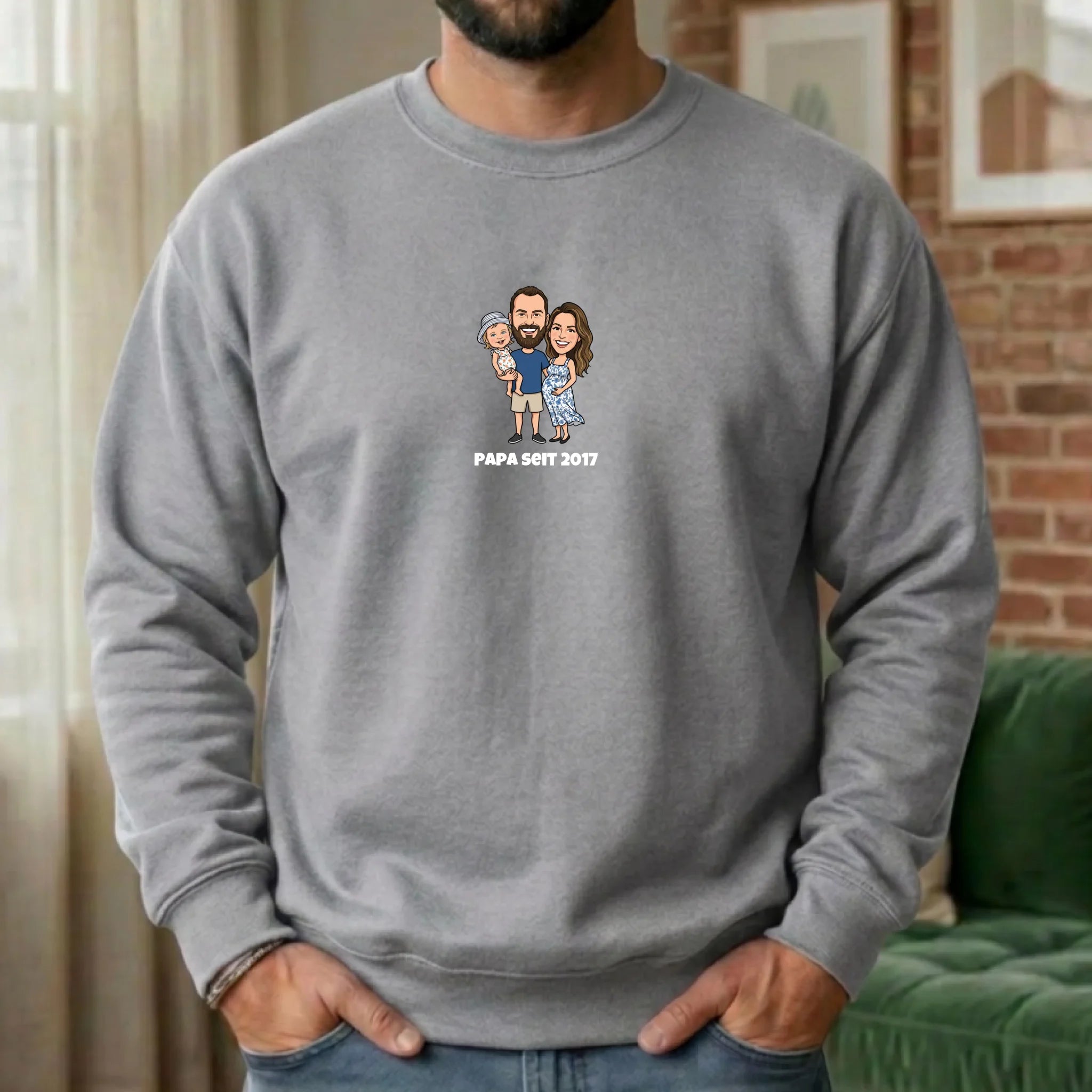 Papa Pullover mit  Foto im Comic Stil und Namen personalisiert Grau / Dein Foto