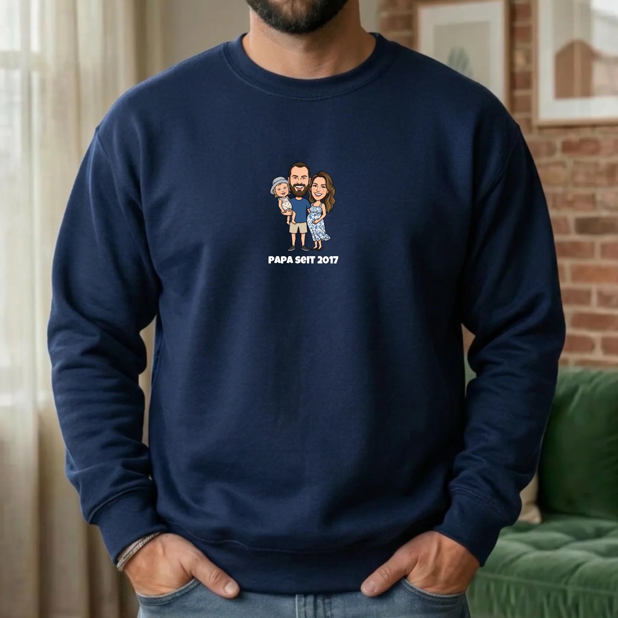 Papa Pullover mit  Foto im Comic Stil und Namen personalisiert Navy / Dein Foto