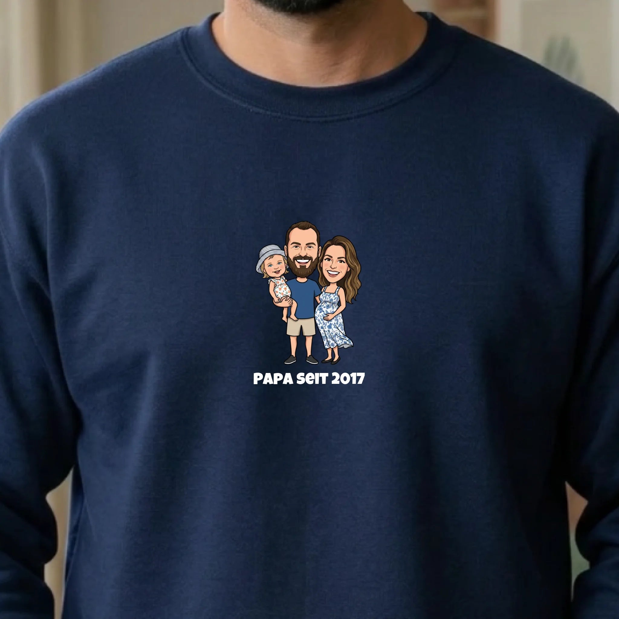 Papa Pullover mit  Foto im Comic Stil und Namen personalisiert Navy Nah / Dein Foto
