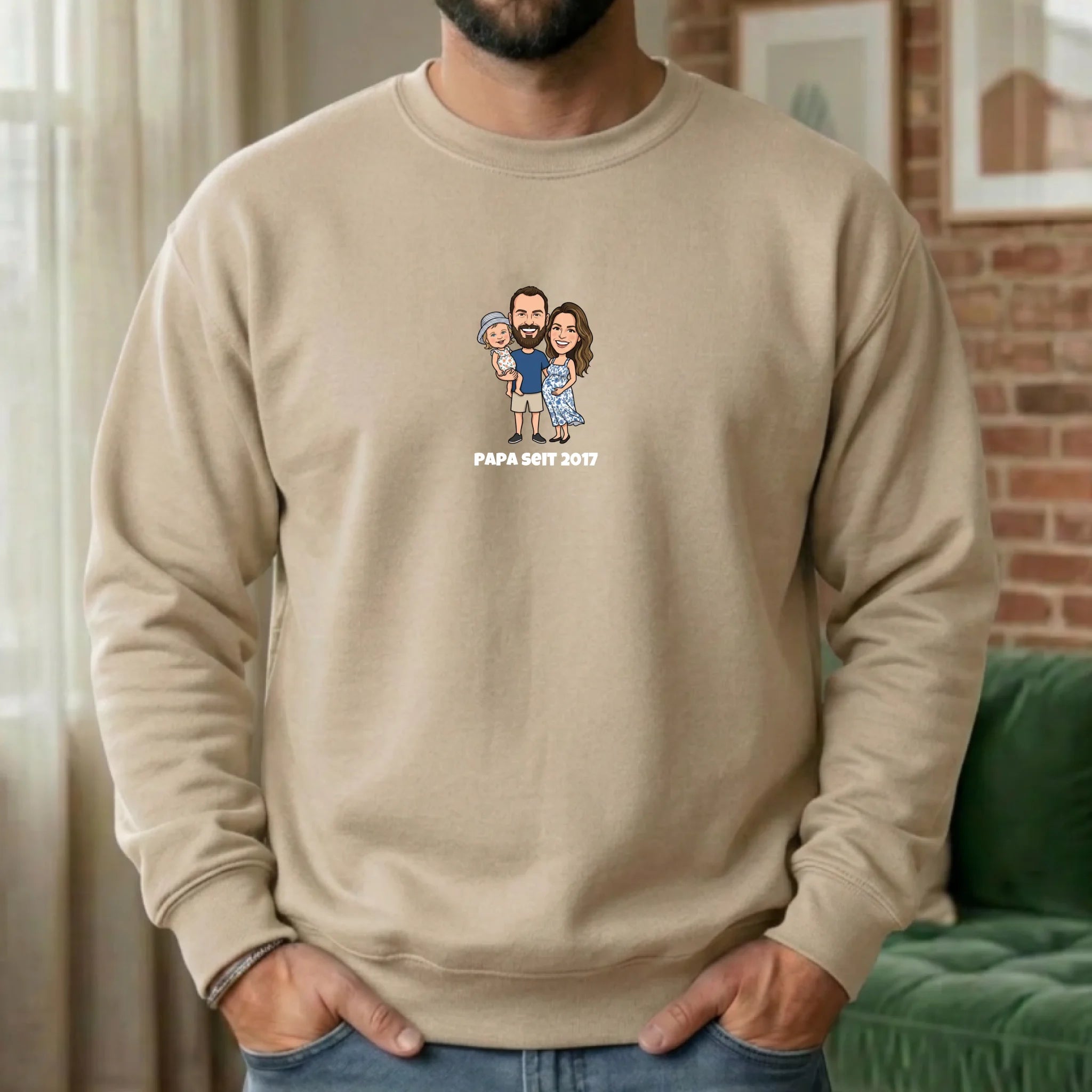 Papa Pullover mit  Foto im Comic Stil und Namen personalisiert Sand / Dein Foto