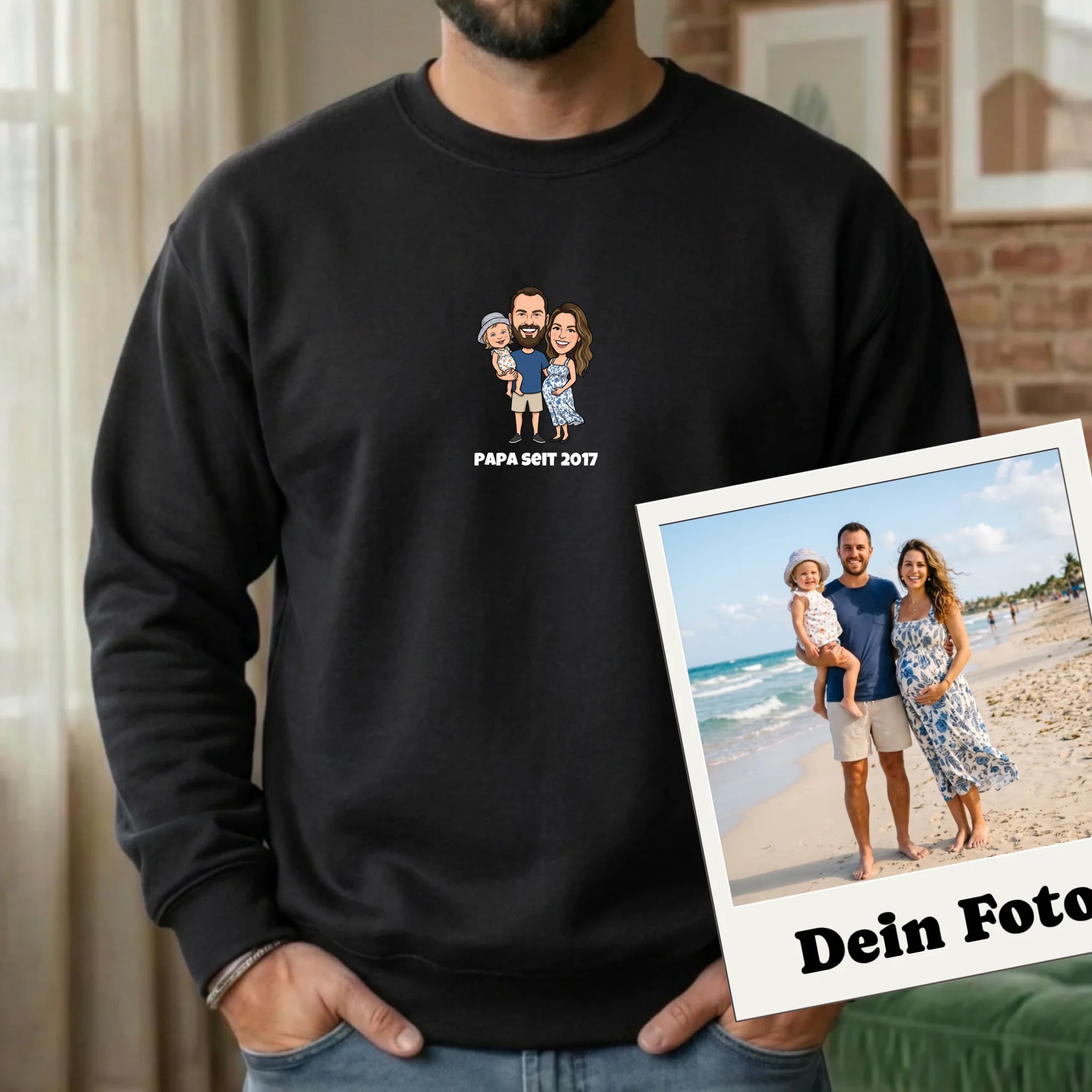 Papa Pullover mit  Foto im Comic Stil und Namen personalisiert Schwarz / Dein Foto