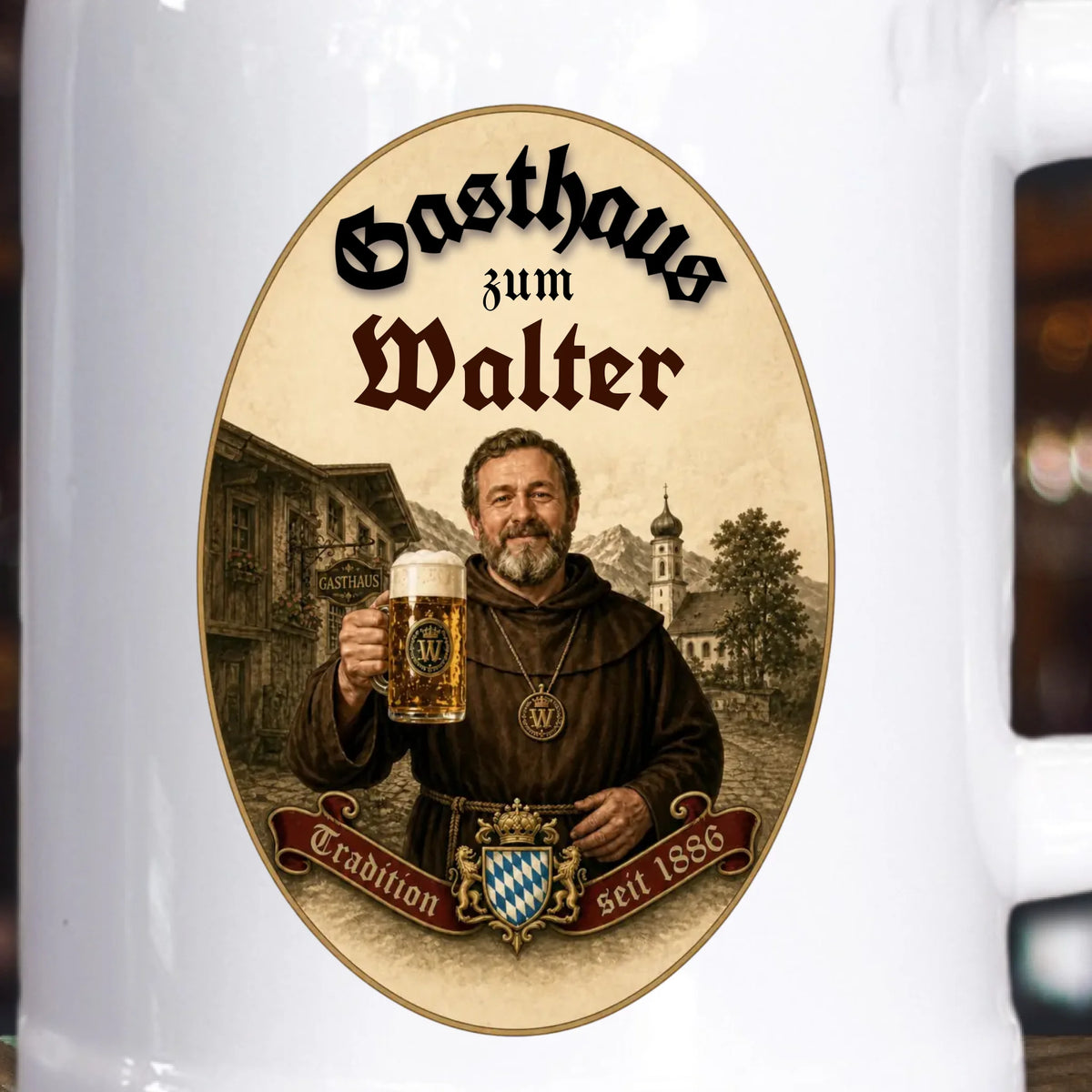 Personalisierter  Stein Brauerei Bierkrug im Gasthaus Design mit Foto und Name