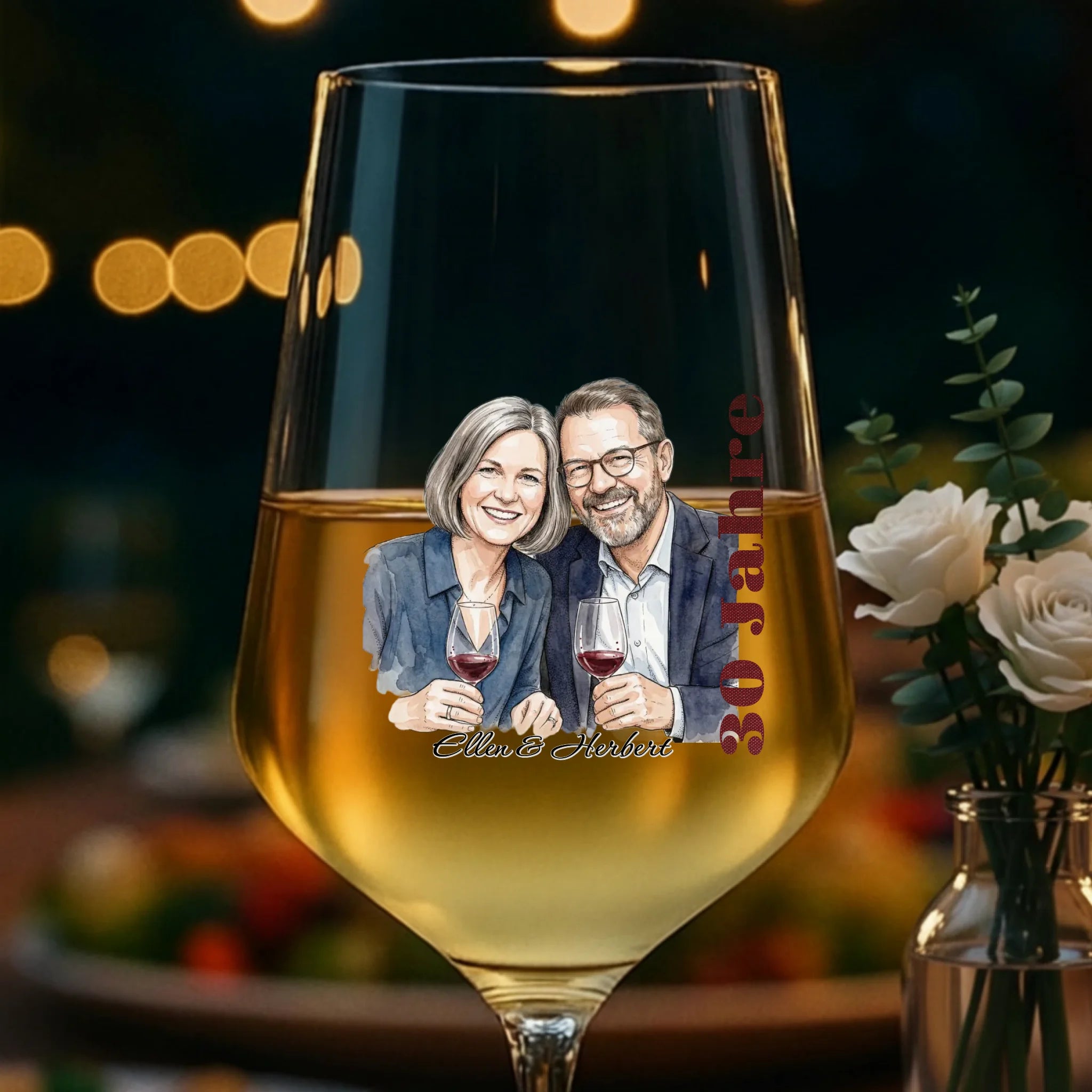Personalisiertes Weinglas zum Jubiläum, Jahrestag, Silberhochzeit oder einem runden Geburtstag. Stilvoll und elegant