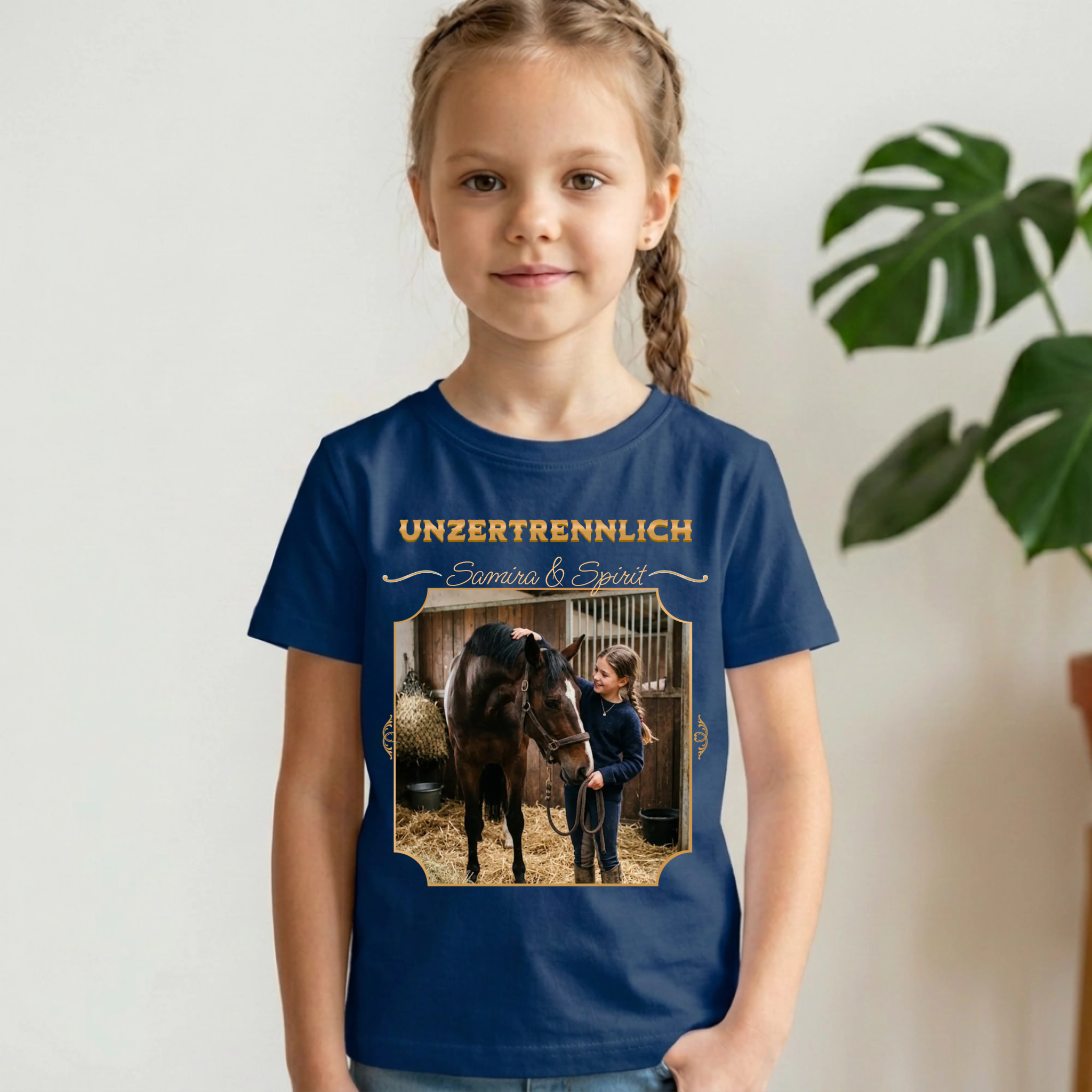 Pferde T-Shirt Mädchen personalisiert Navy