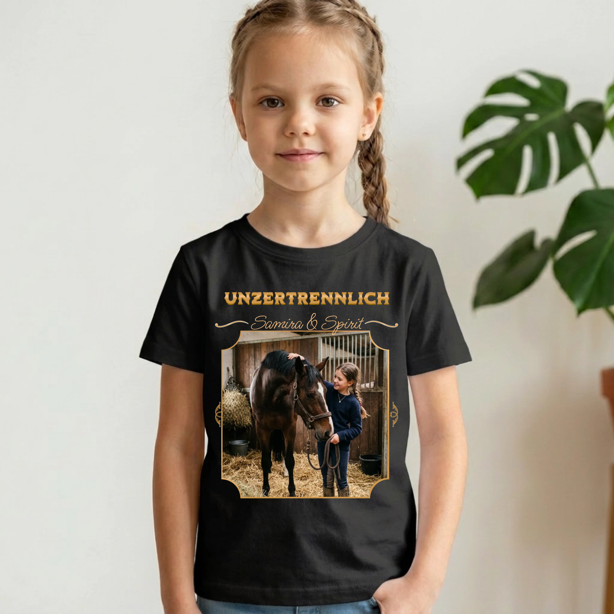 Pferde T-Shirt Mädchen personalisiert Schwarz