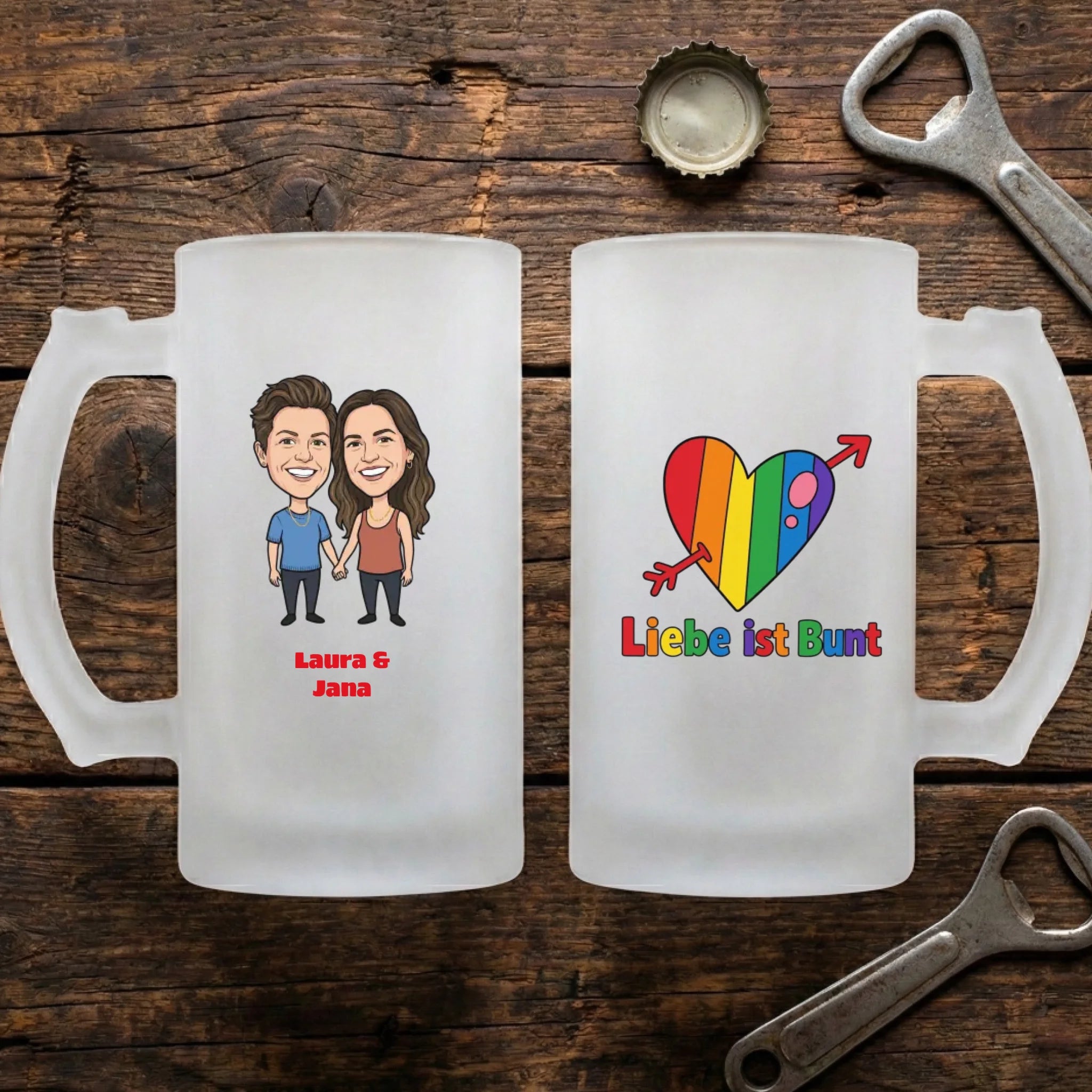 Regenbogen Bierkrug Glas mit Foto und Namen personalisiert - Geschenk lesbische Frau