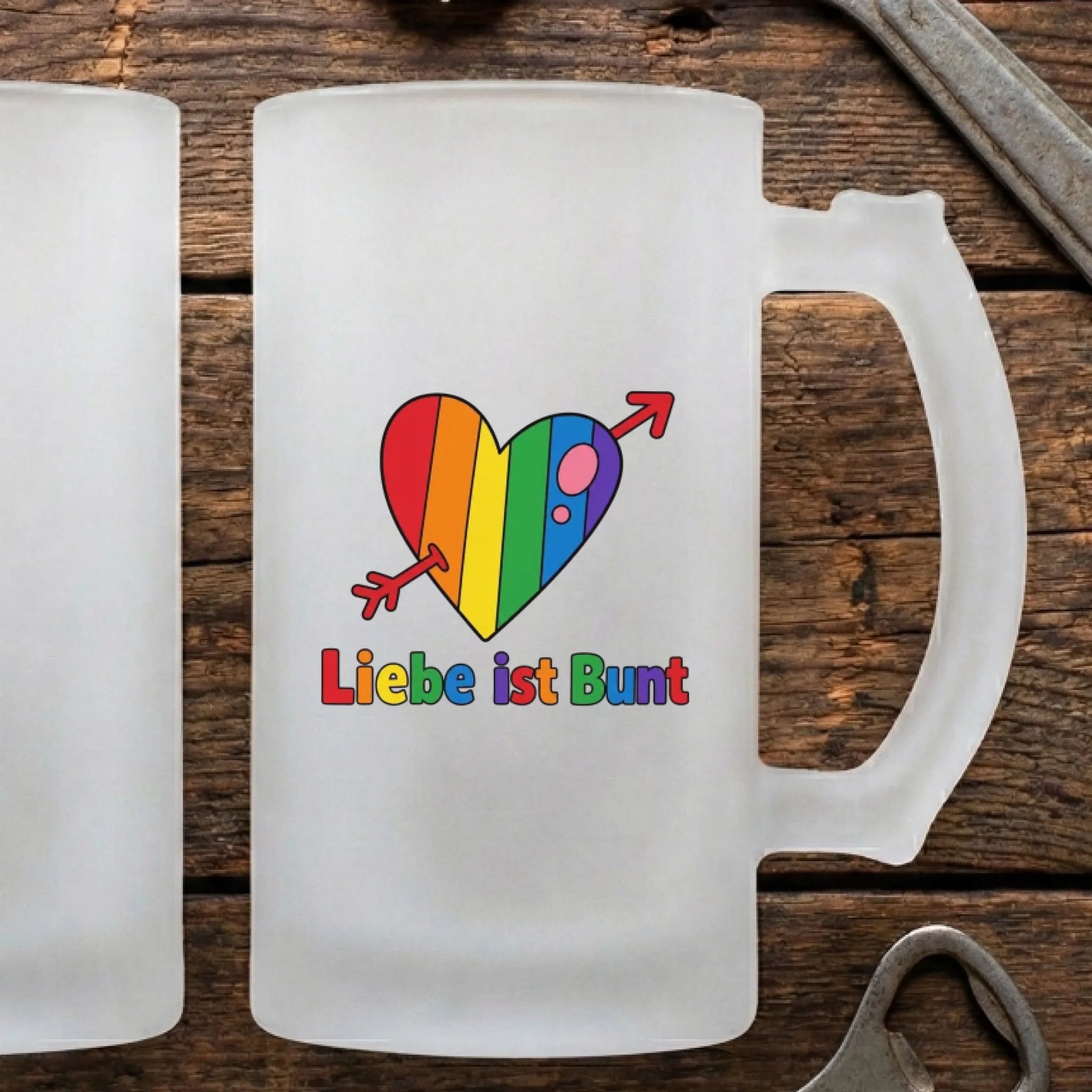 Regenbogen Bierkrug Glas mit Foto und Namen personalisiert - Geschenk lesbische Frau Rückseite