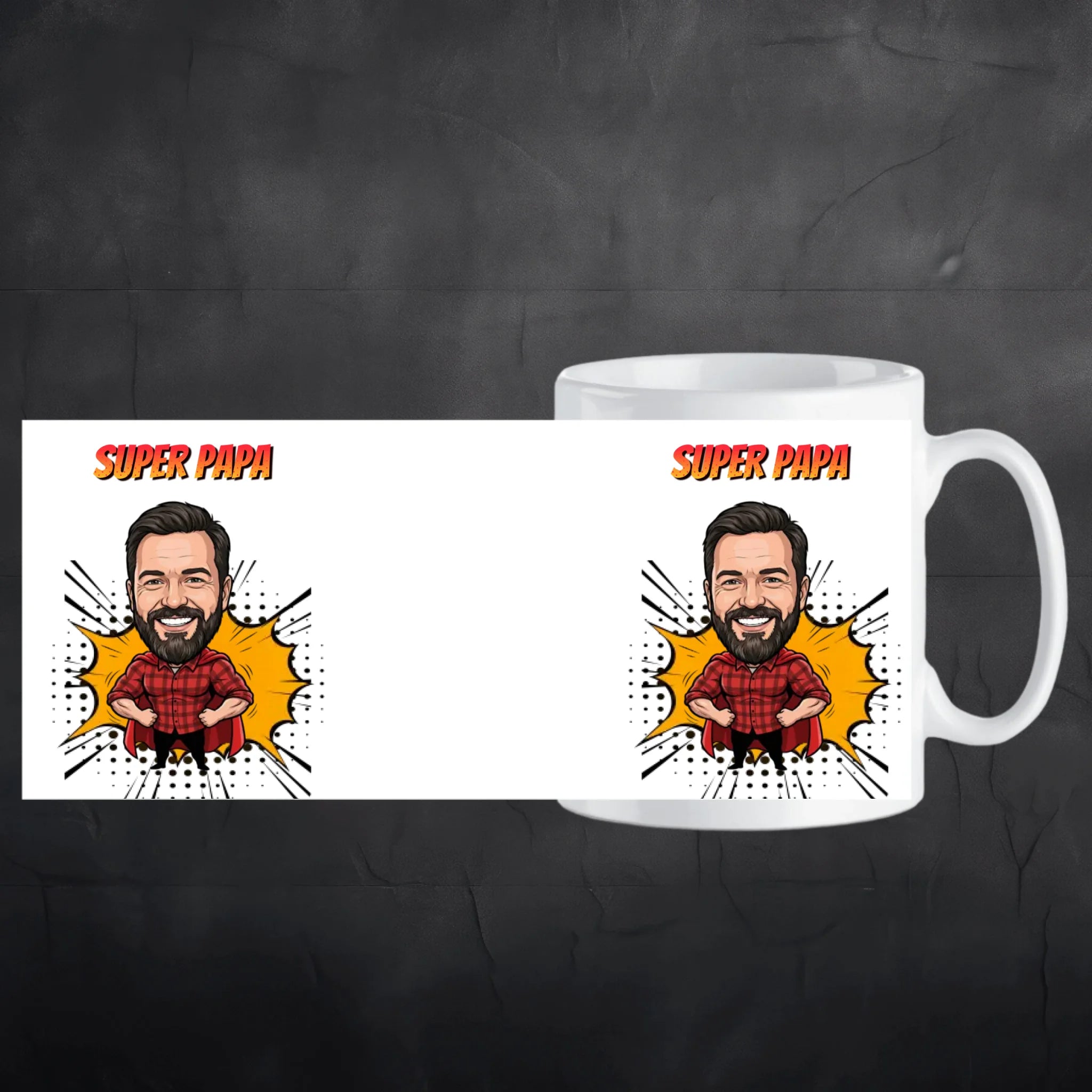 Superheld Papa Tasse personalisiert im Comic Stil Abriss