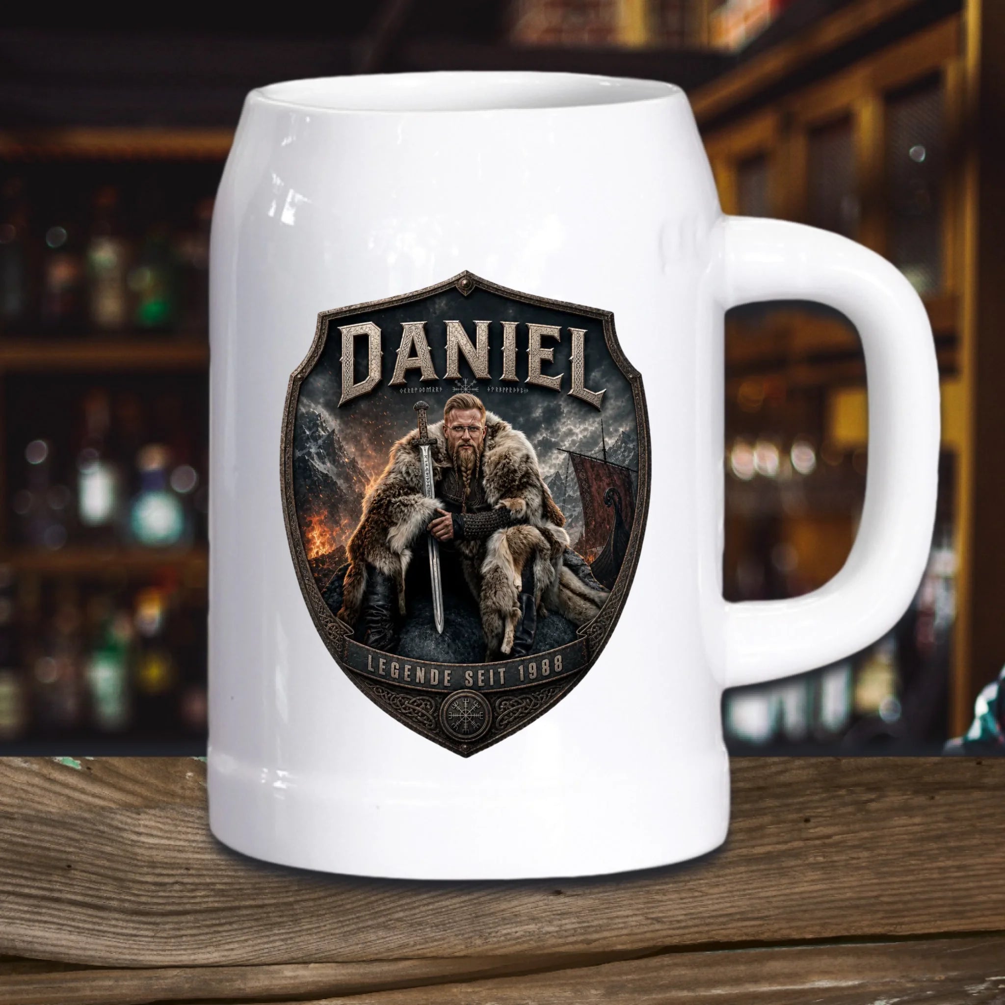 Wikinger Bierkrug aus Stein mit Foto personalisiert – Geschenk für Wikinger Fans
