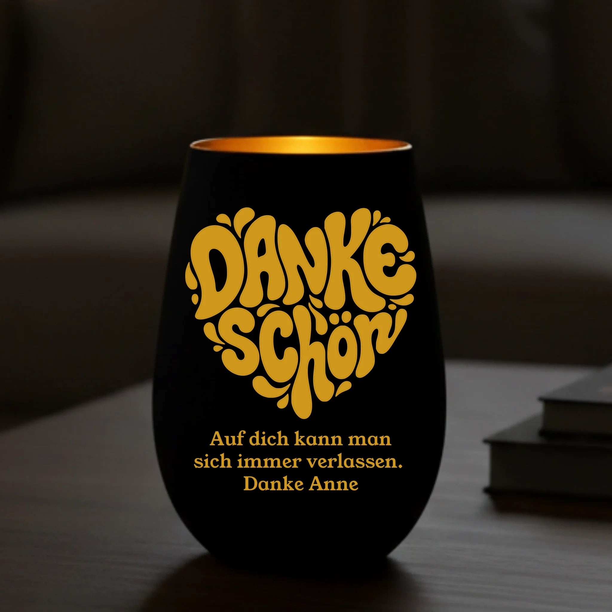 Windlicht Danke als kleines Geschenk personalisiert Schwarz